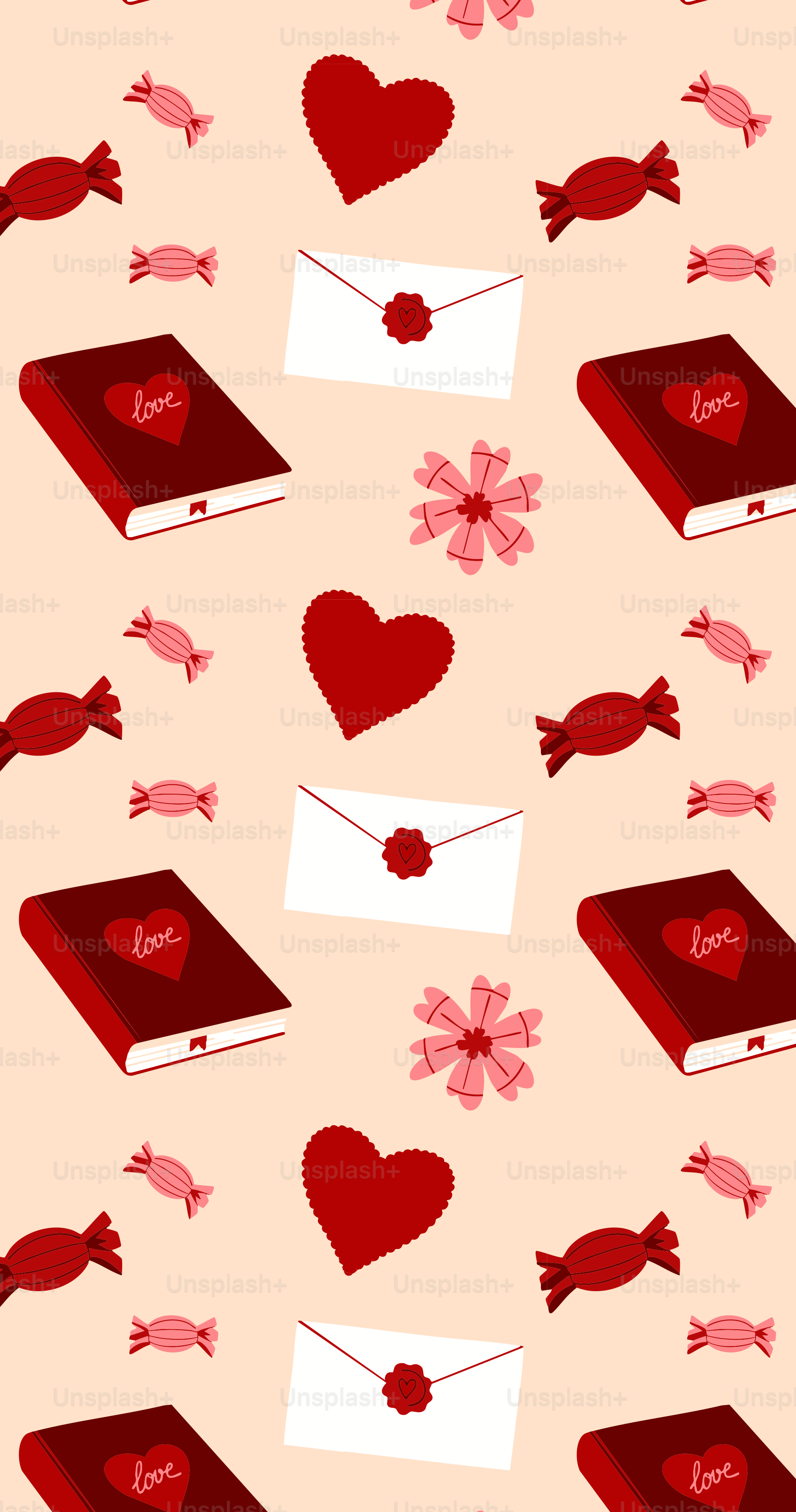 A pink background with hearts and a book
