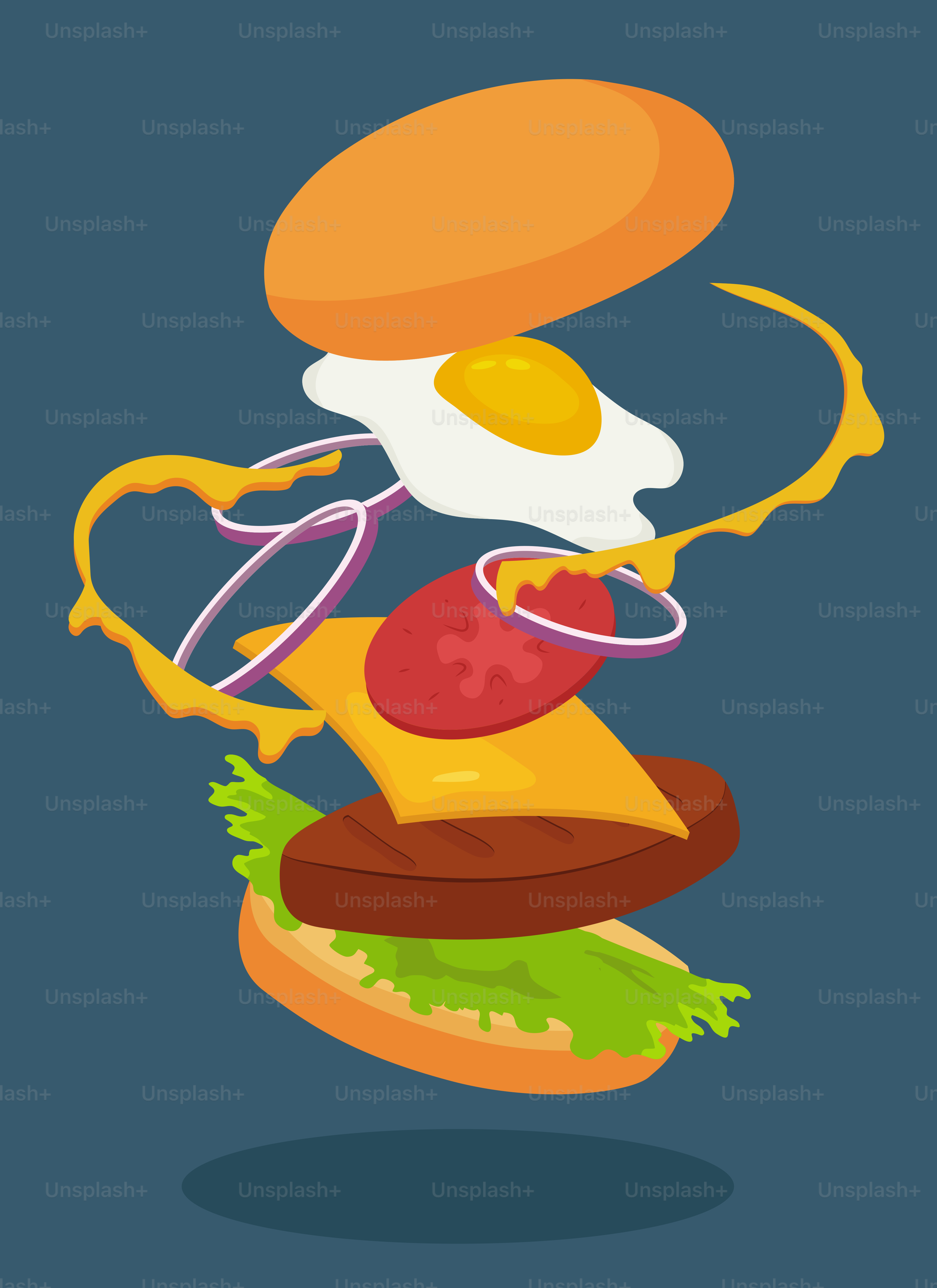 Una hamburguesa volando por el aire con un huevo frito encima