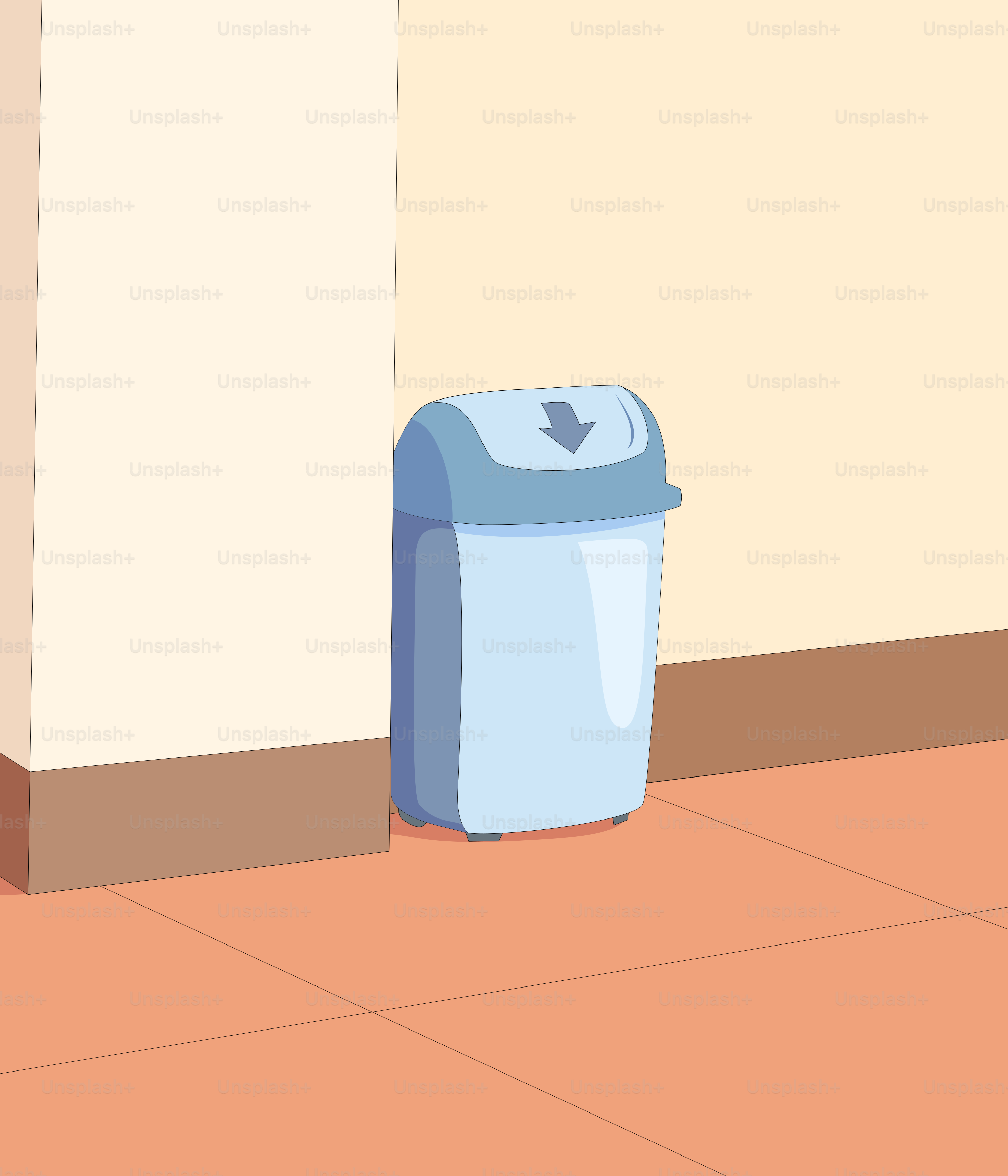 A blue trash can sitting next to a white wall