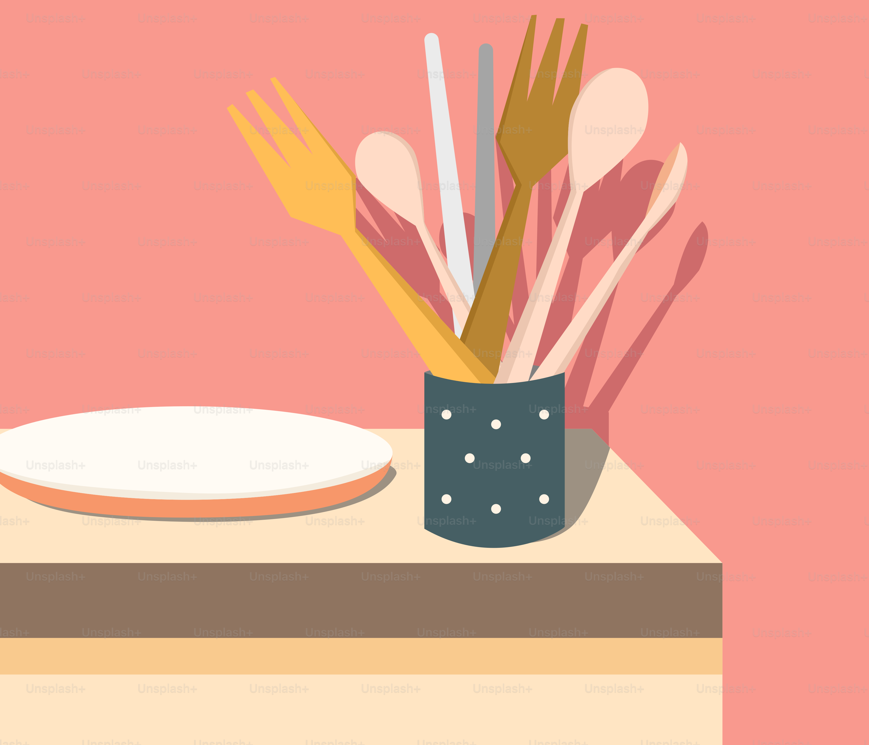 A table with utensils and a plate on it