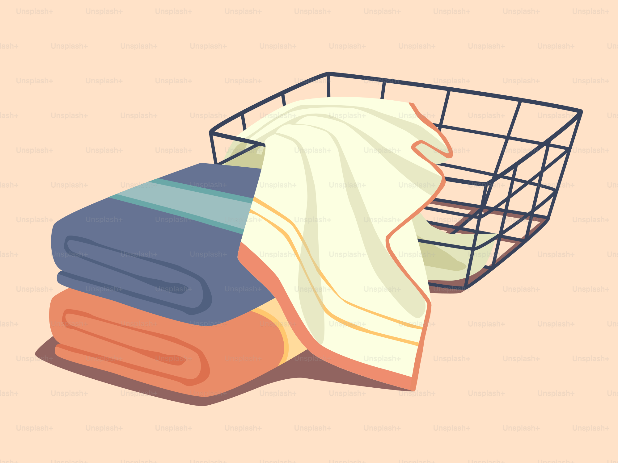A stack of folded towels sitting next to a basket