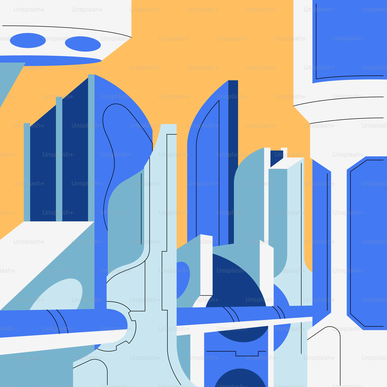 A blue and white abstract painting of a kitchen