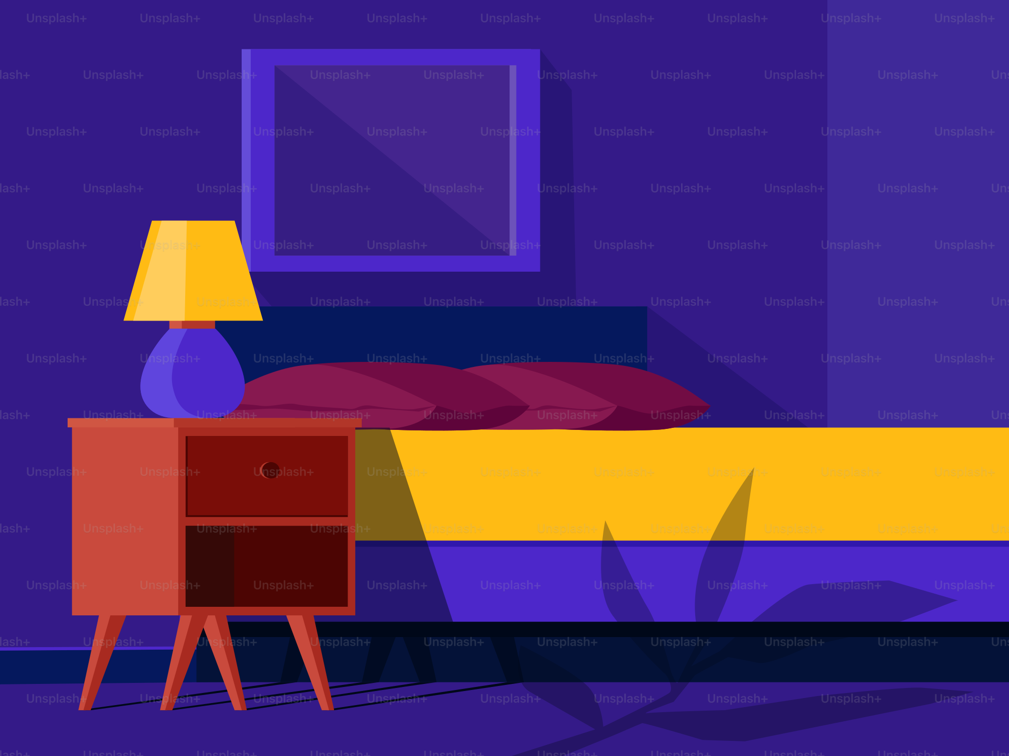 A bedroom scene with a bed and a night stand