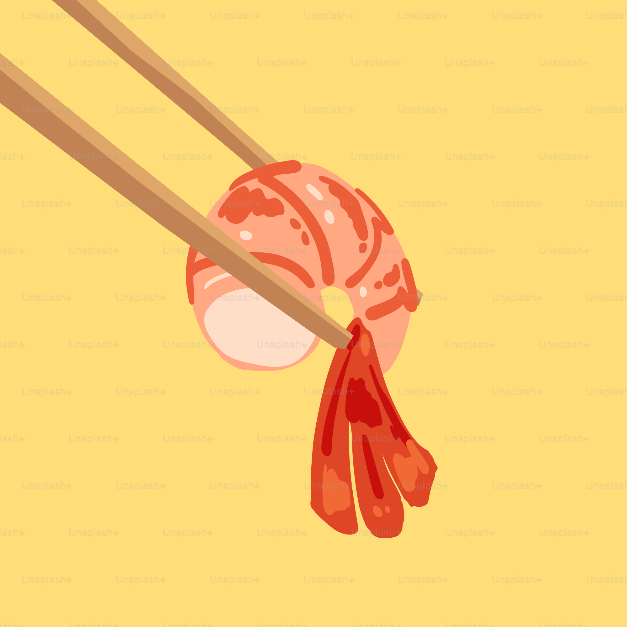 A yellow background with chopsticks and a shrimp