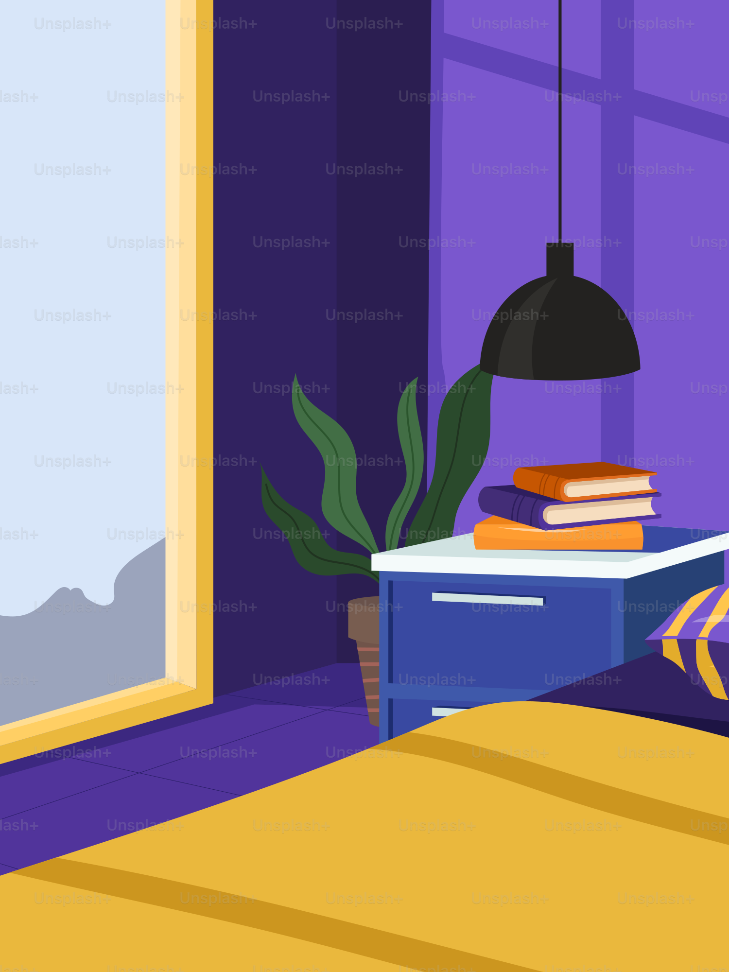 A bedroom with purple walls and a yellow bed