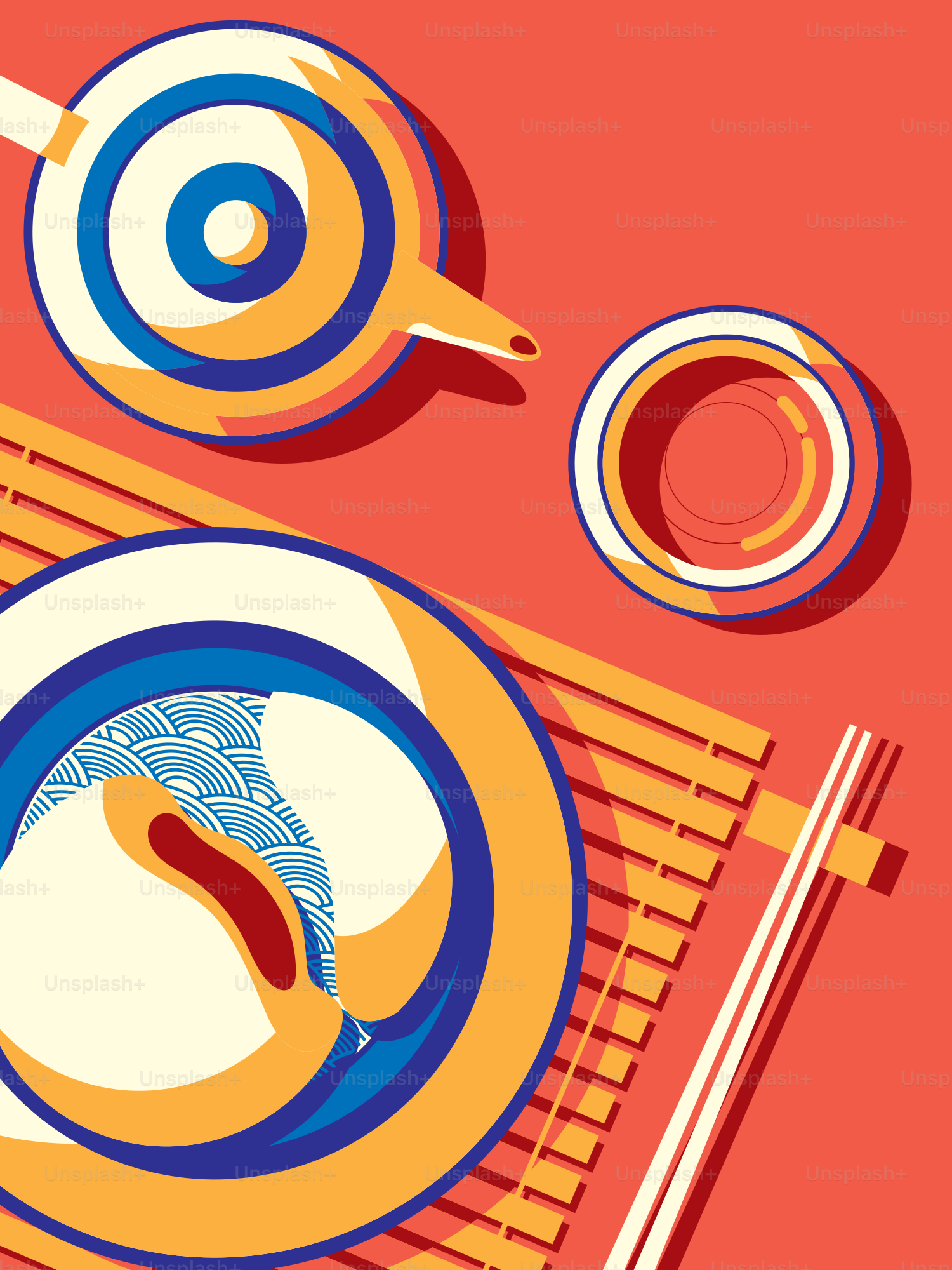 Una mesa con un plato, una taza y palillos