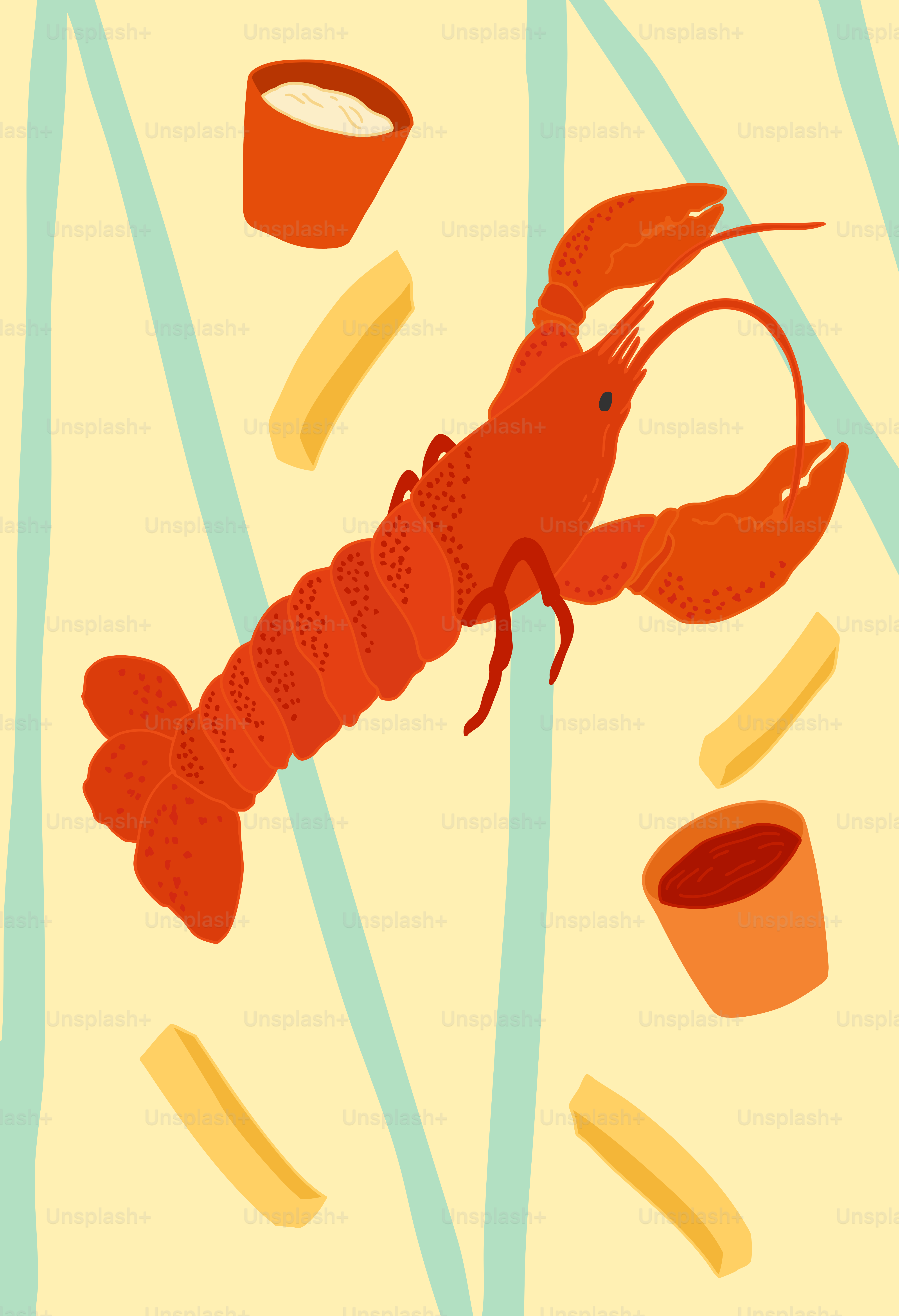 A drawing of a lobster on a yellow background