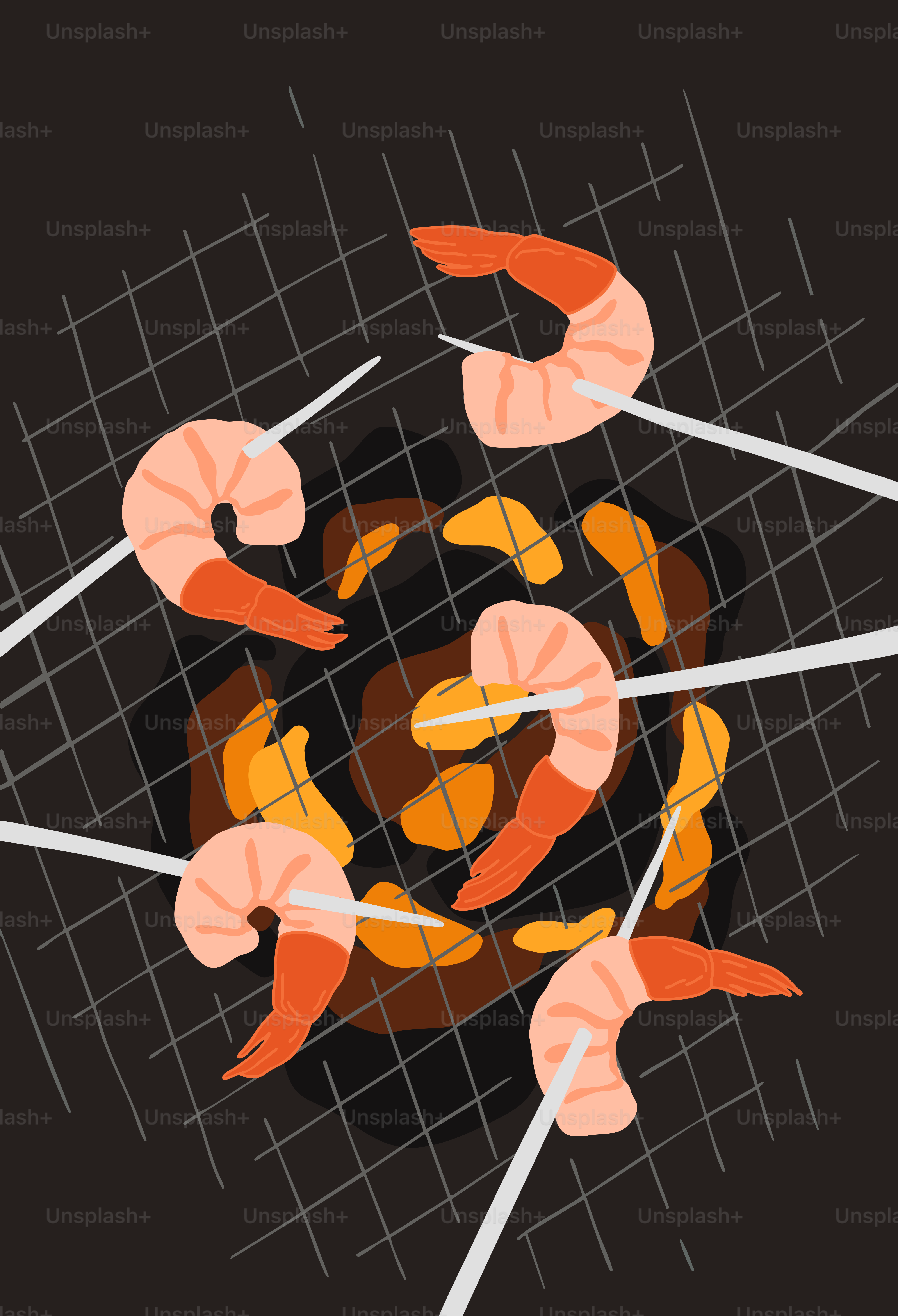 Una parrilla con camarones y camarones