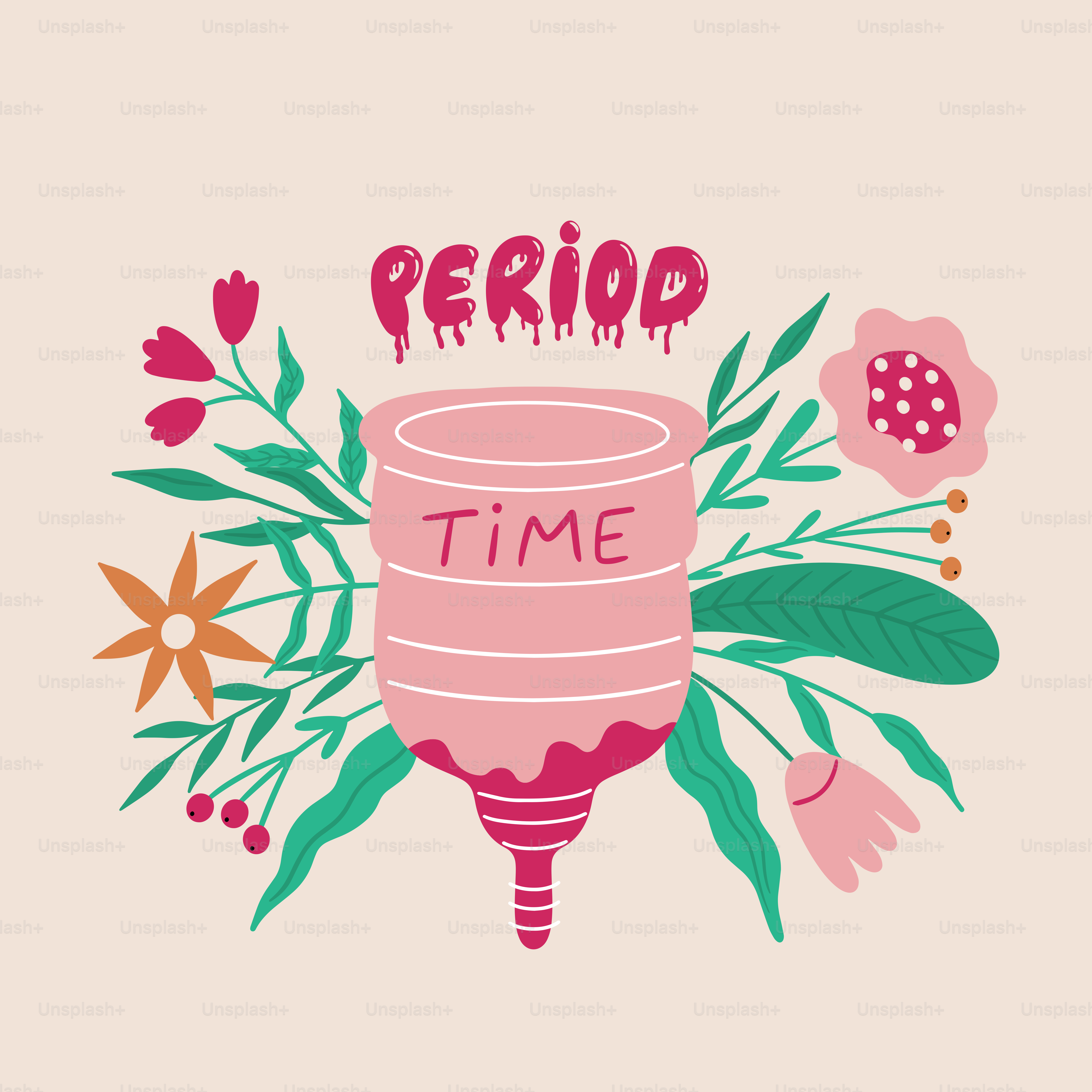 A pink vase with flowers and the words period time