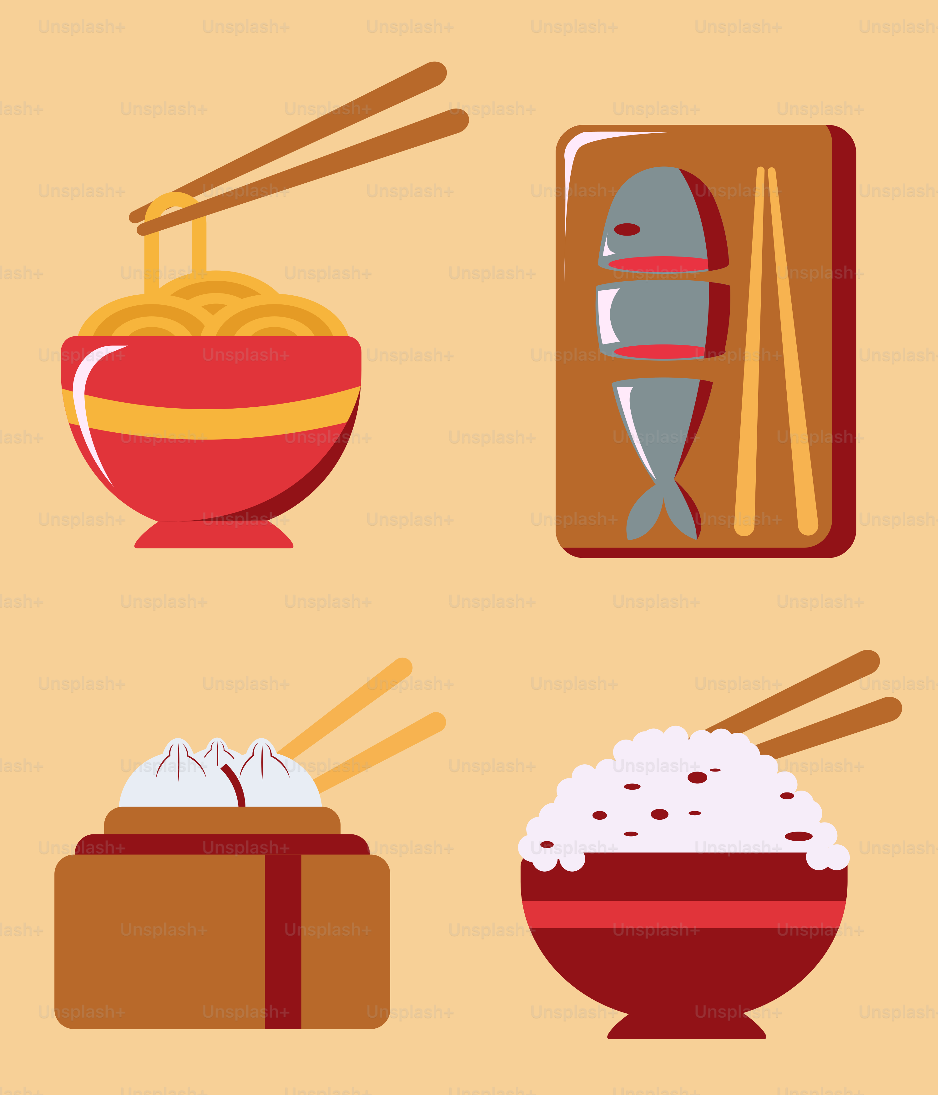 Eine Auswahl verschiedener Nahrungssorten auf gelbem Hintergrund