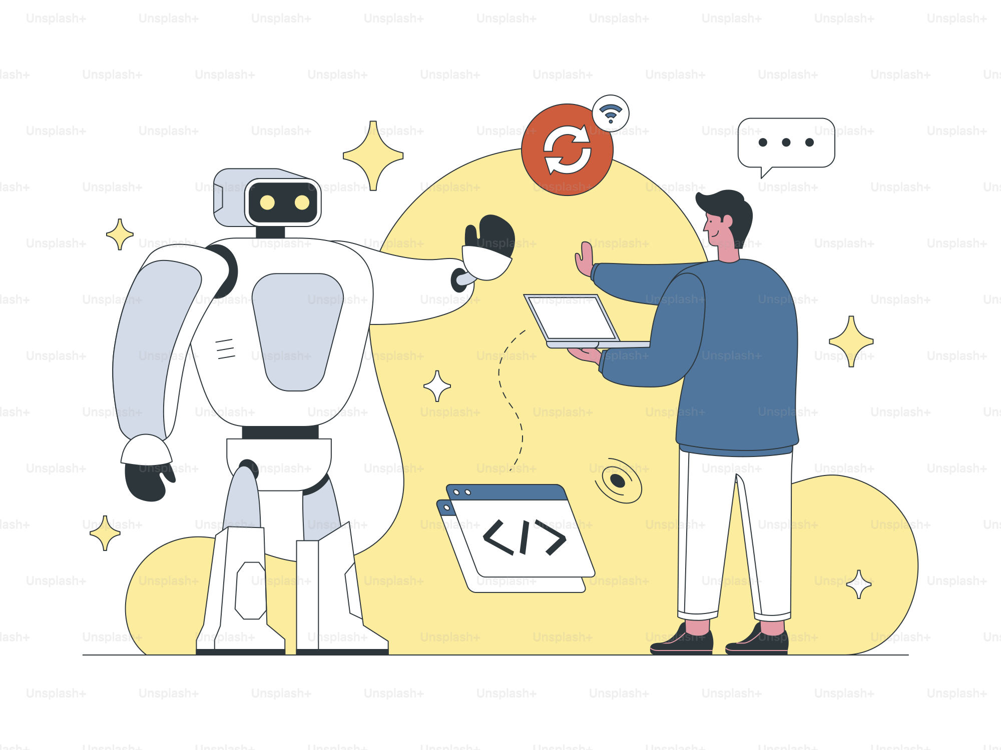 Um homem ao lado de um robô segurando um pedaço de papel