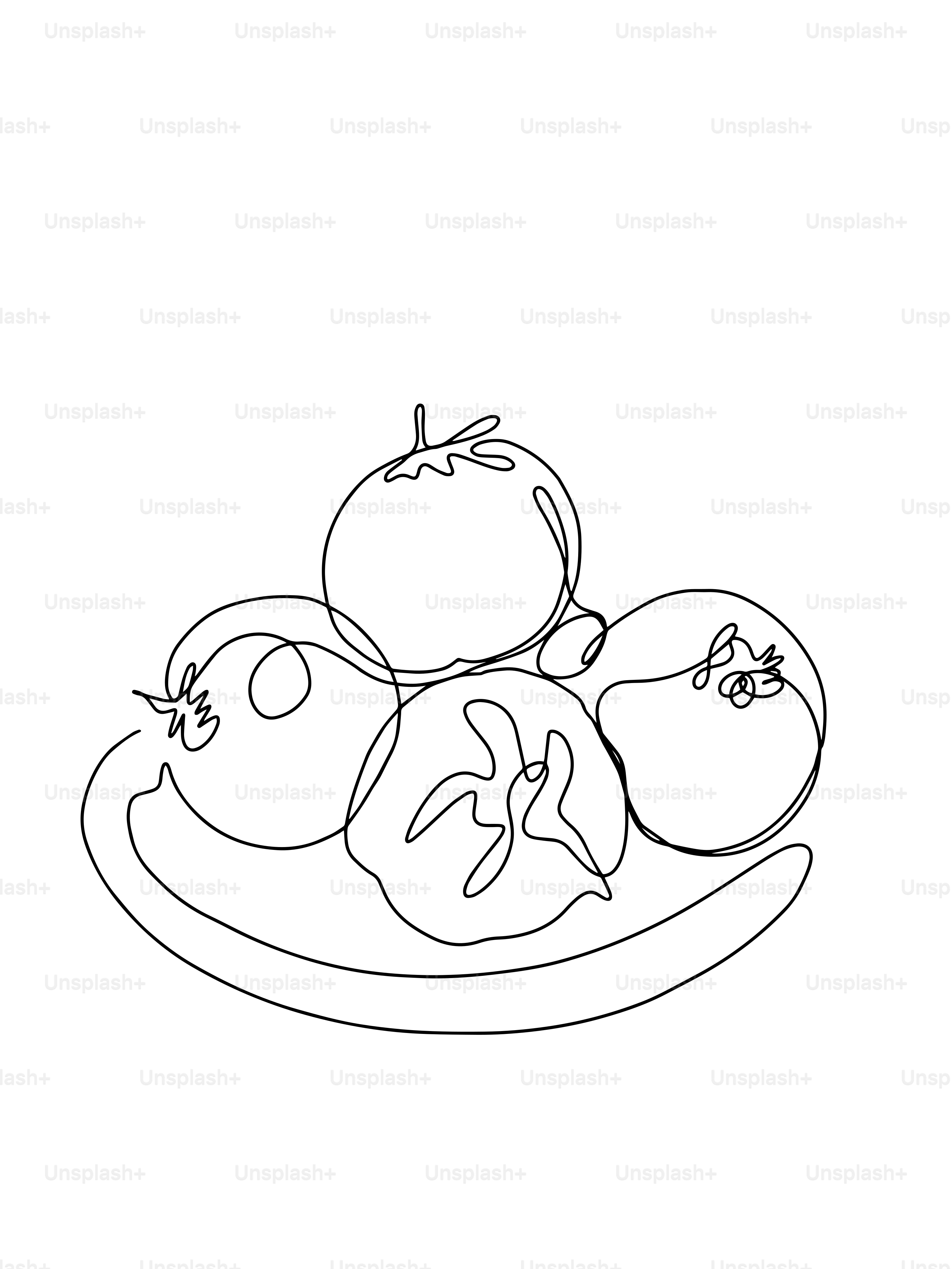 Eine Schwarz-Weiß-Zeichnung eines Tellers mit Obst
