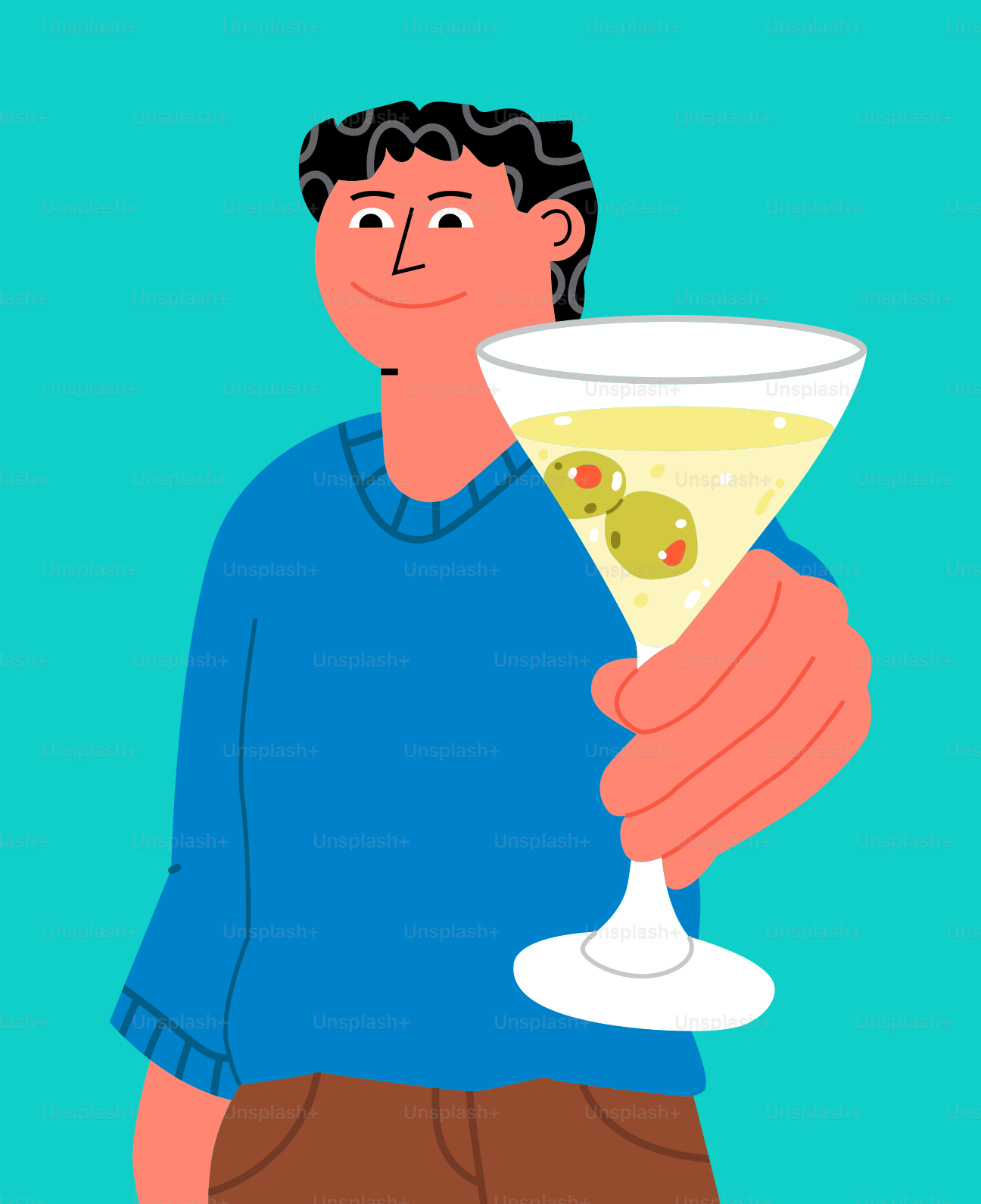 A man holding a wine glass with an olive on it