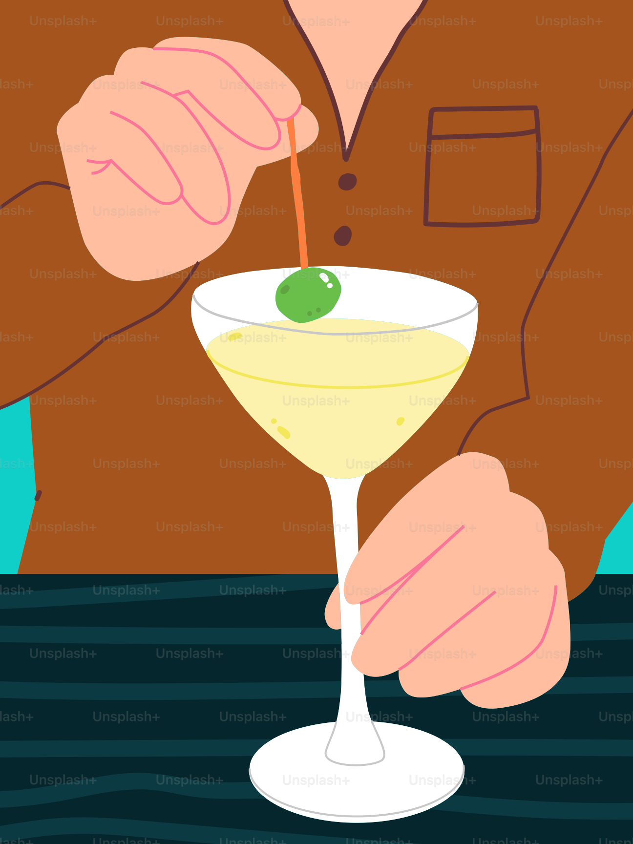 Un hombre sentado en una mesa con un martini