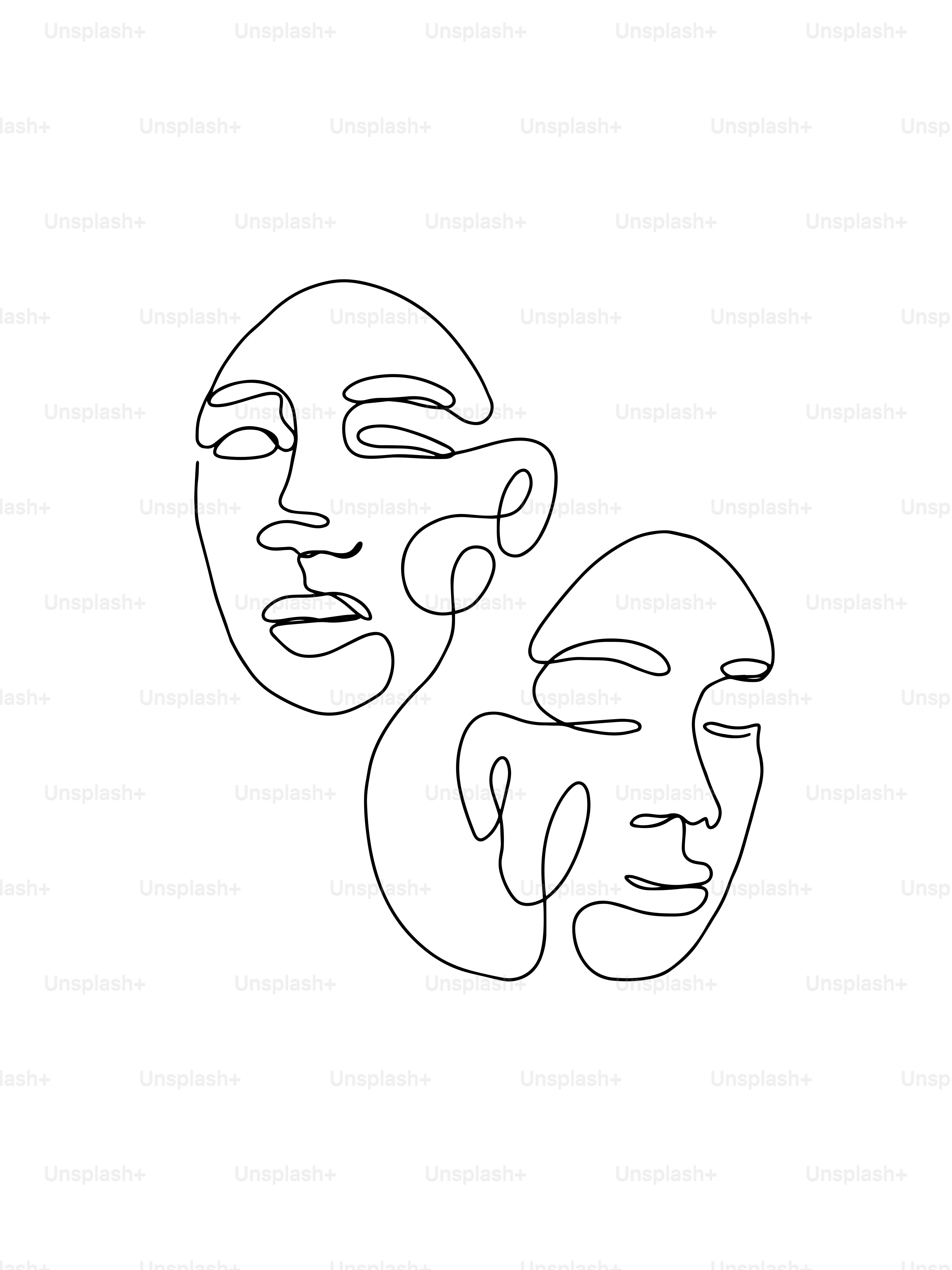 A line drawing of three faces