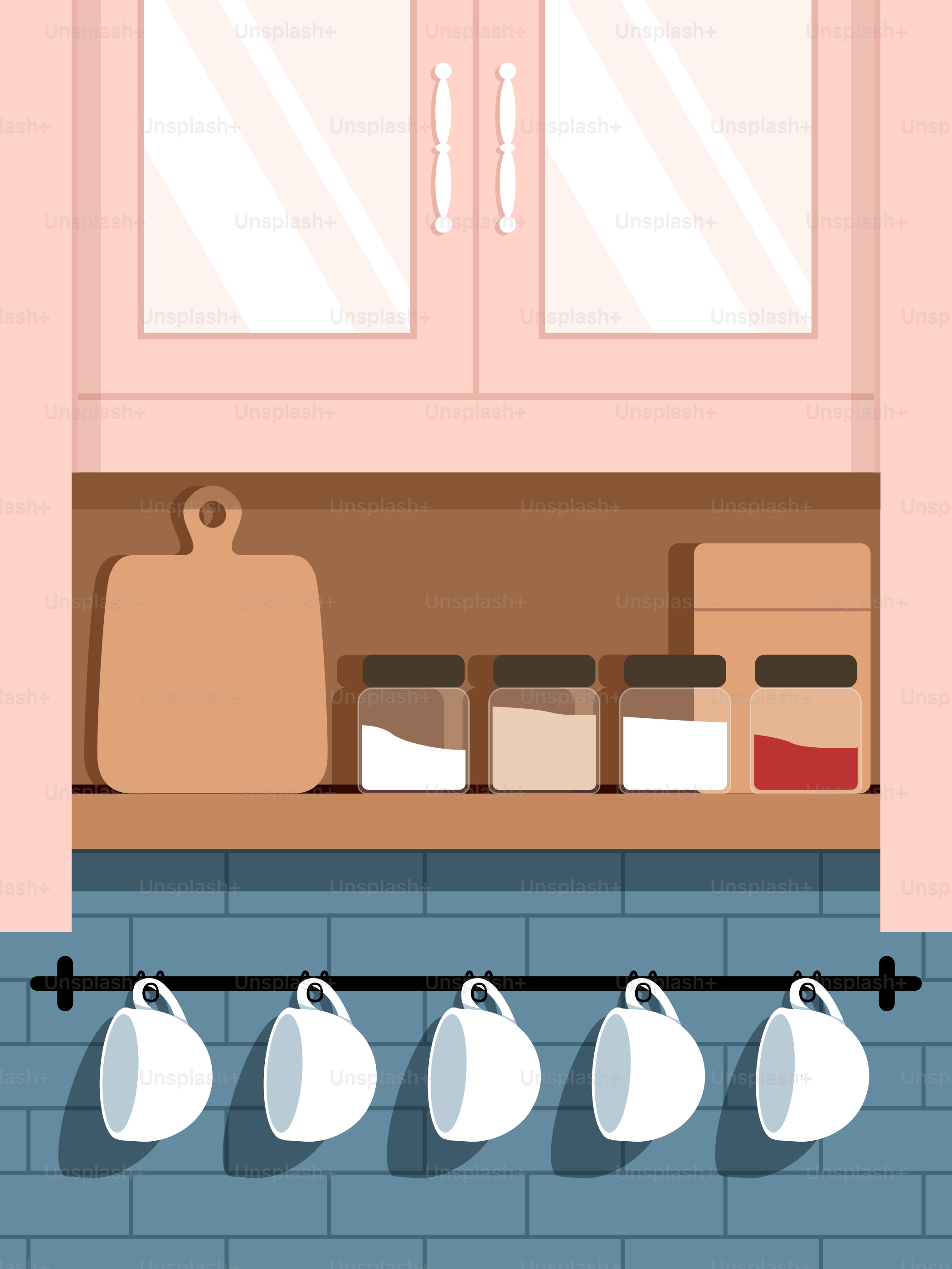 A kitchen with a bunch of cups on the counter