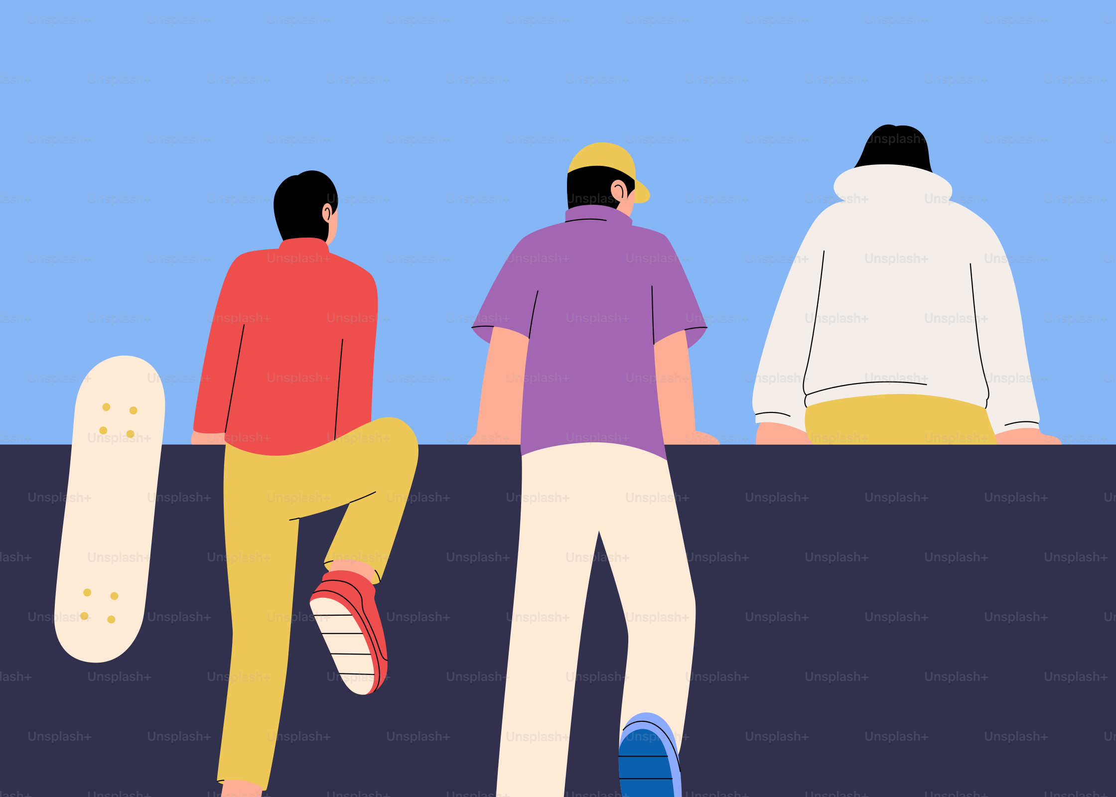 スケートボードを持って壁に座っている人々のグループ