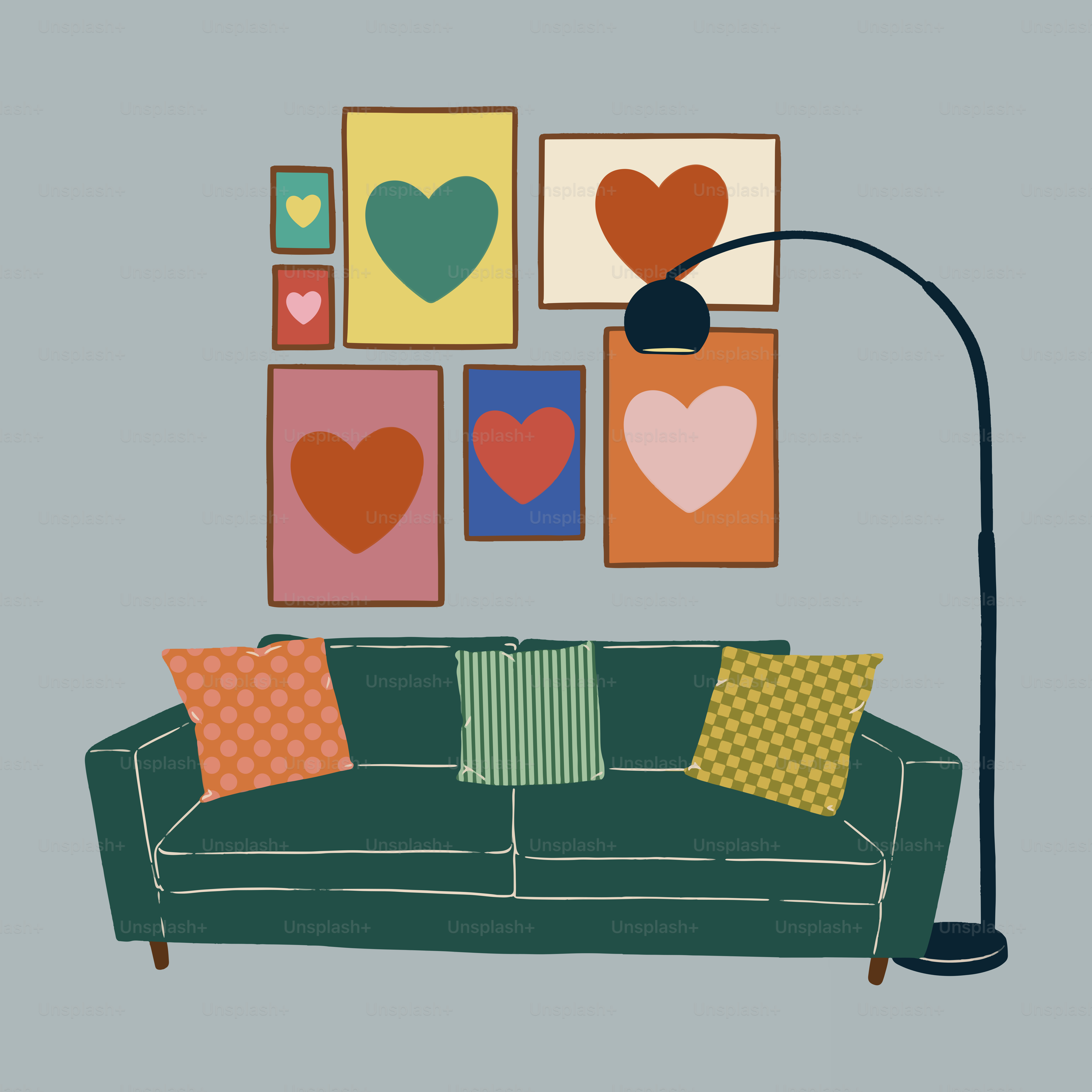 A living room with a couch and a lamp