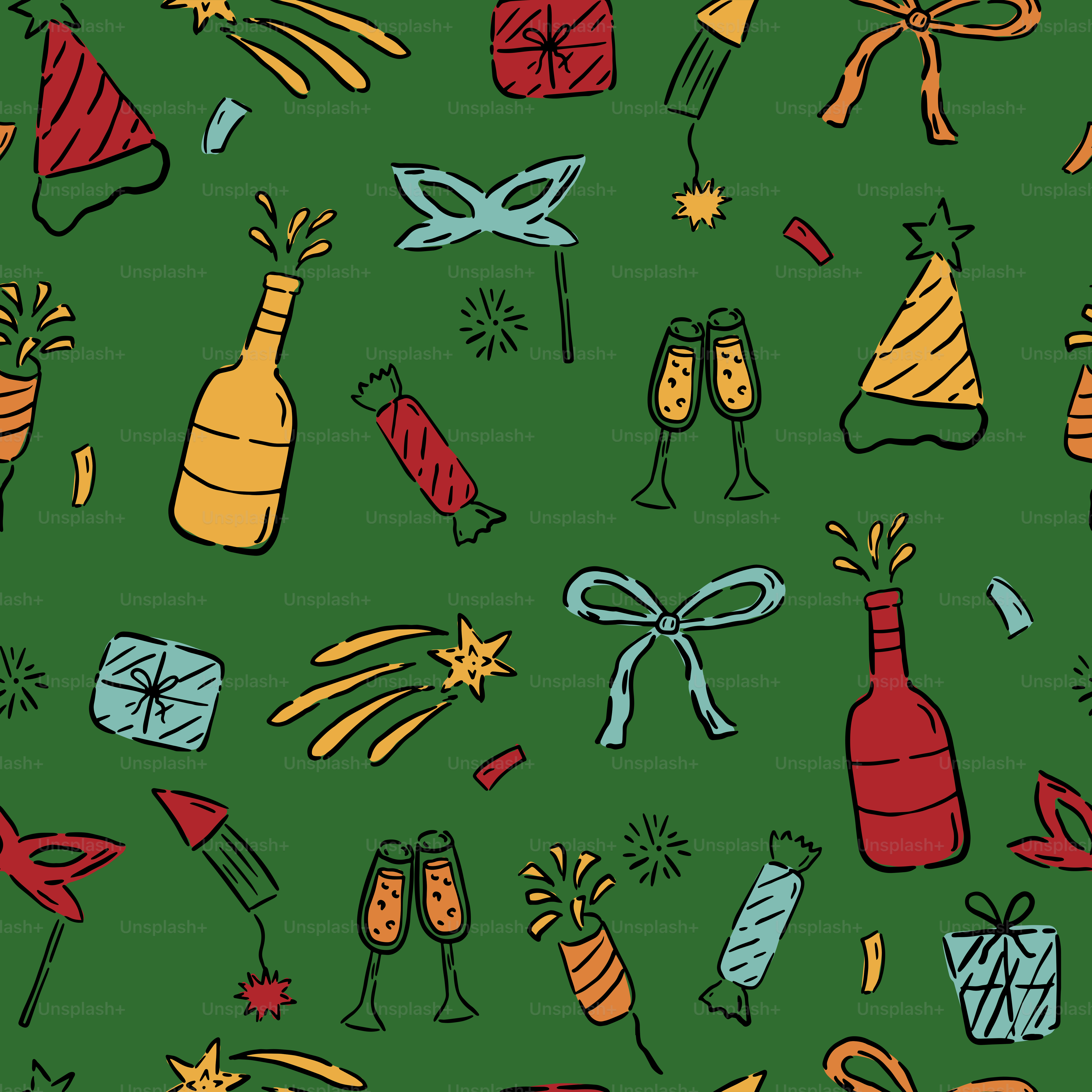 A green background with a lot of different things on it