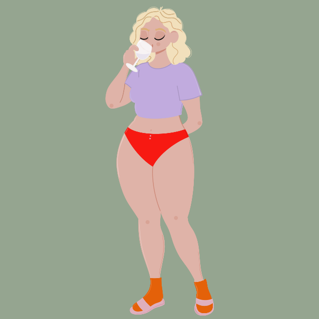 A woman in red shorts and a purple shirt