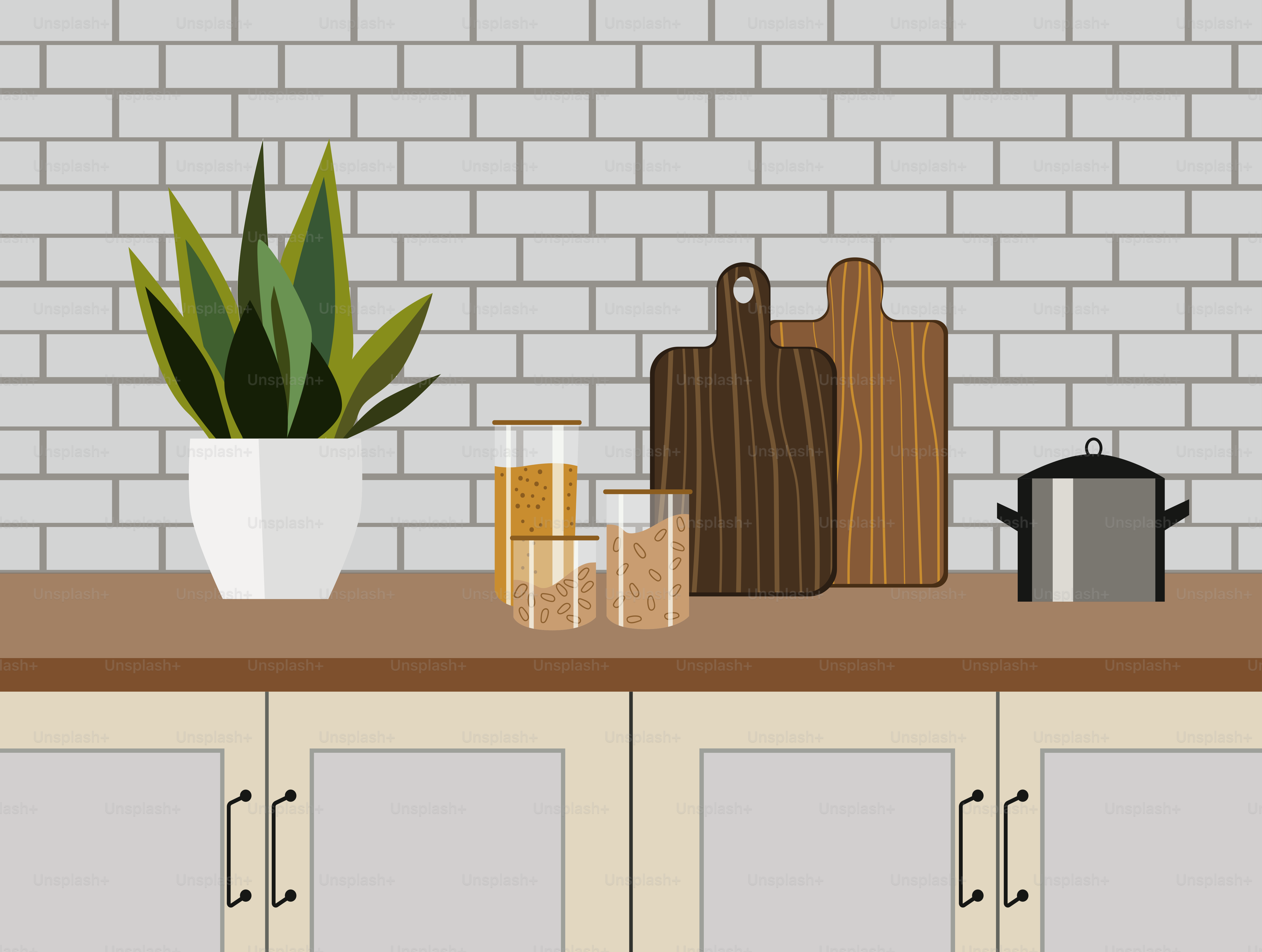 A kitchen counter with a potted plant on top of it
