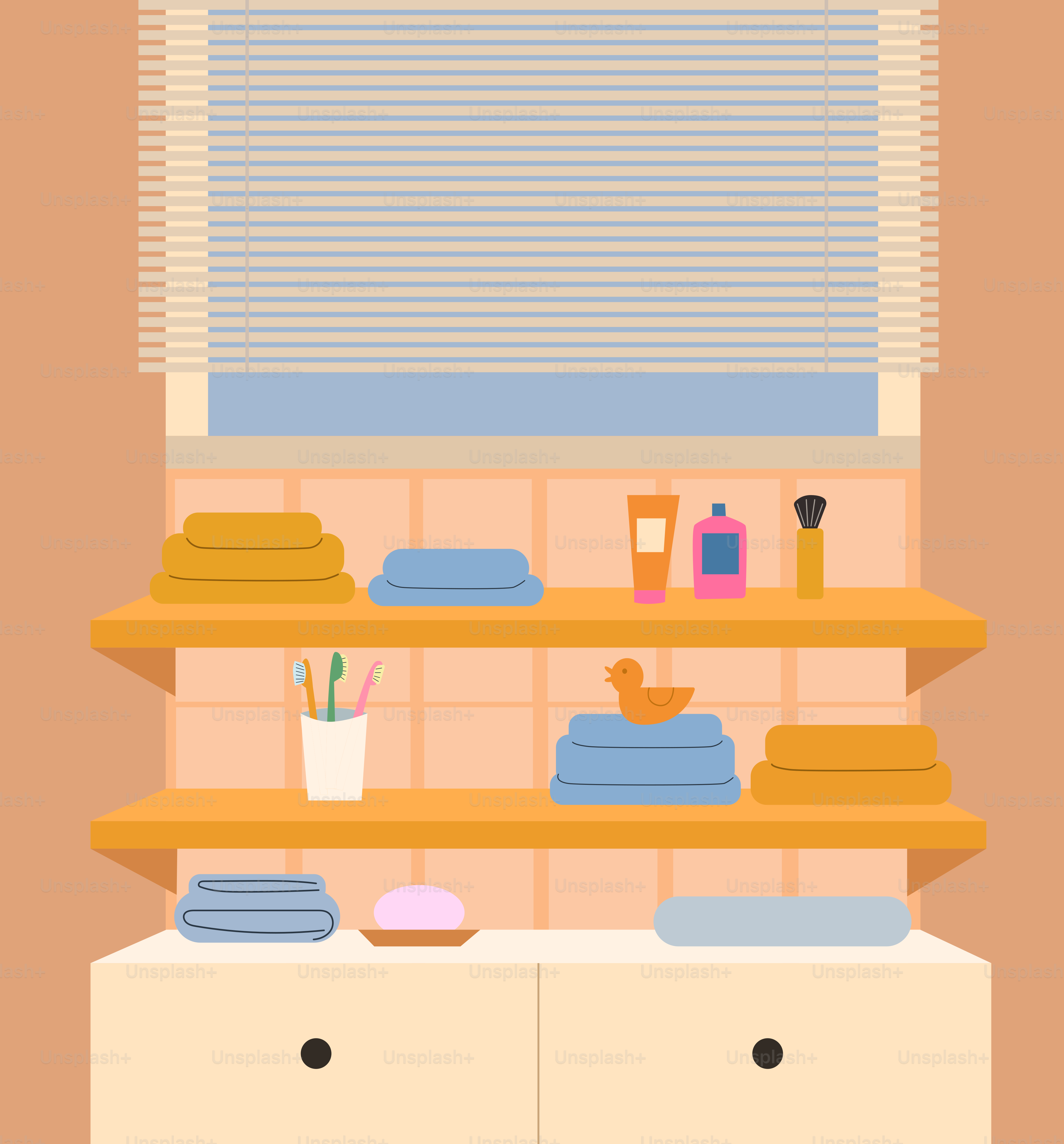 Ein Badezimmer mit einem Regal mit Handtüchern darauf