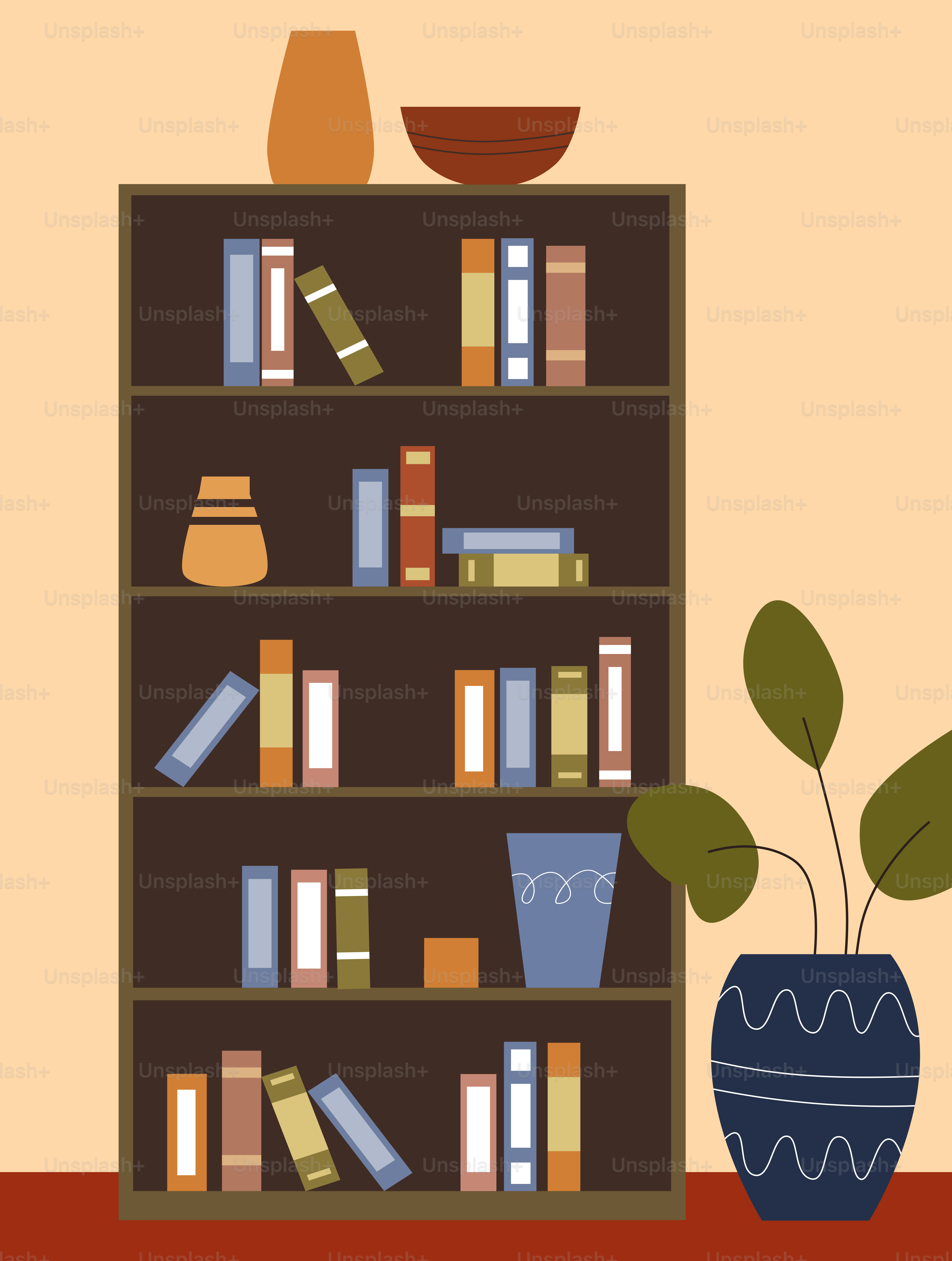 Ein Bücherregal mit einer Topfpflanze darauf