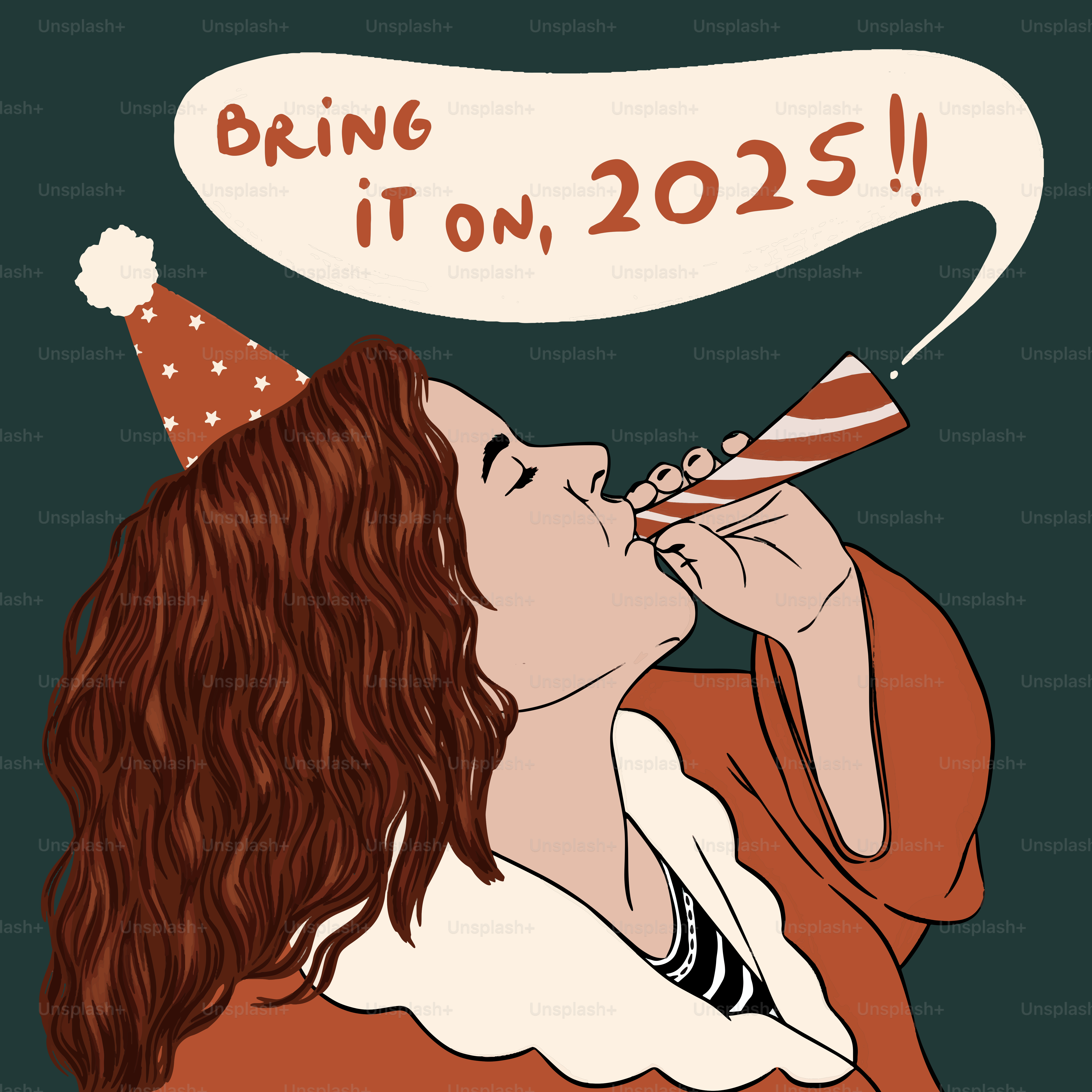 Eine Frau mit Partyhut, die aus einem Weinglas trinkt