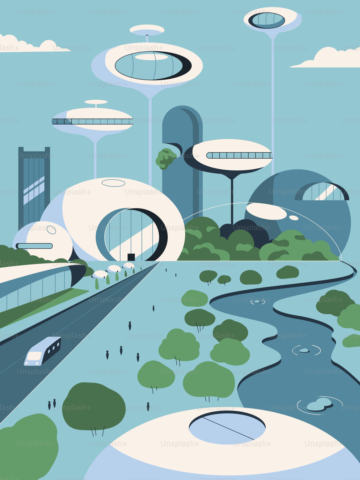 A painting of a city with a river running through it