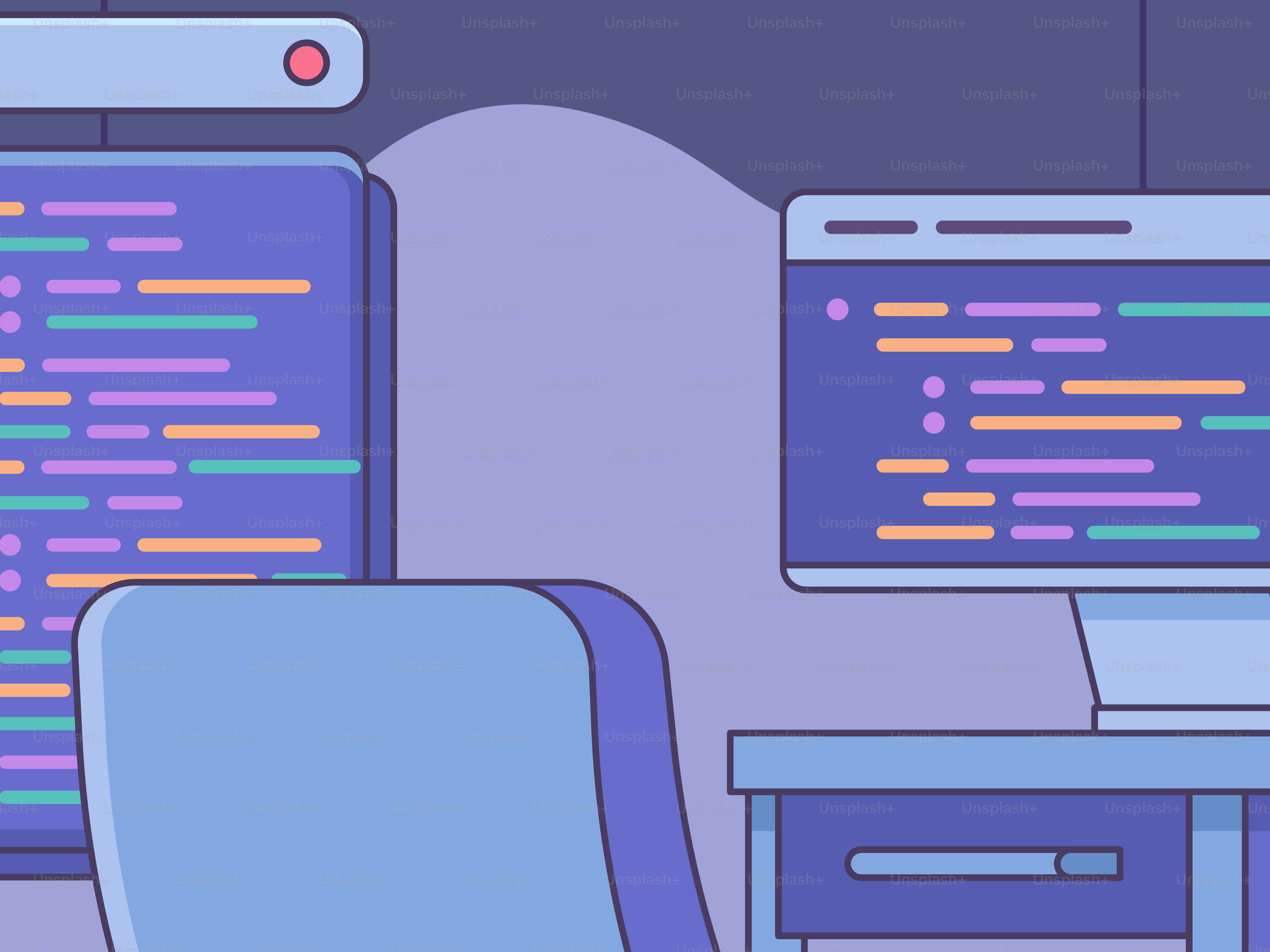 A computer desk with two monitors and a chair