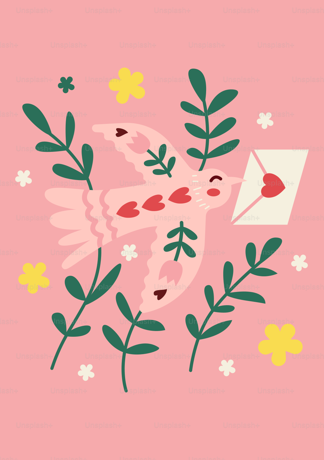 A pink background with a bird and flowers