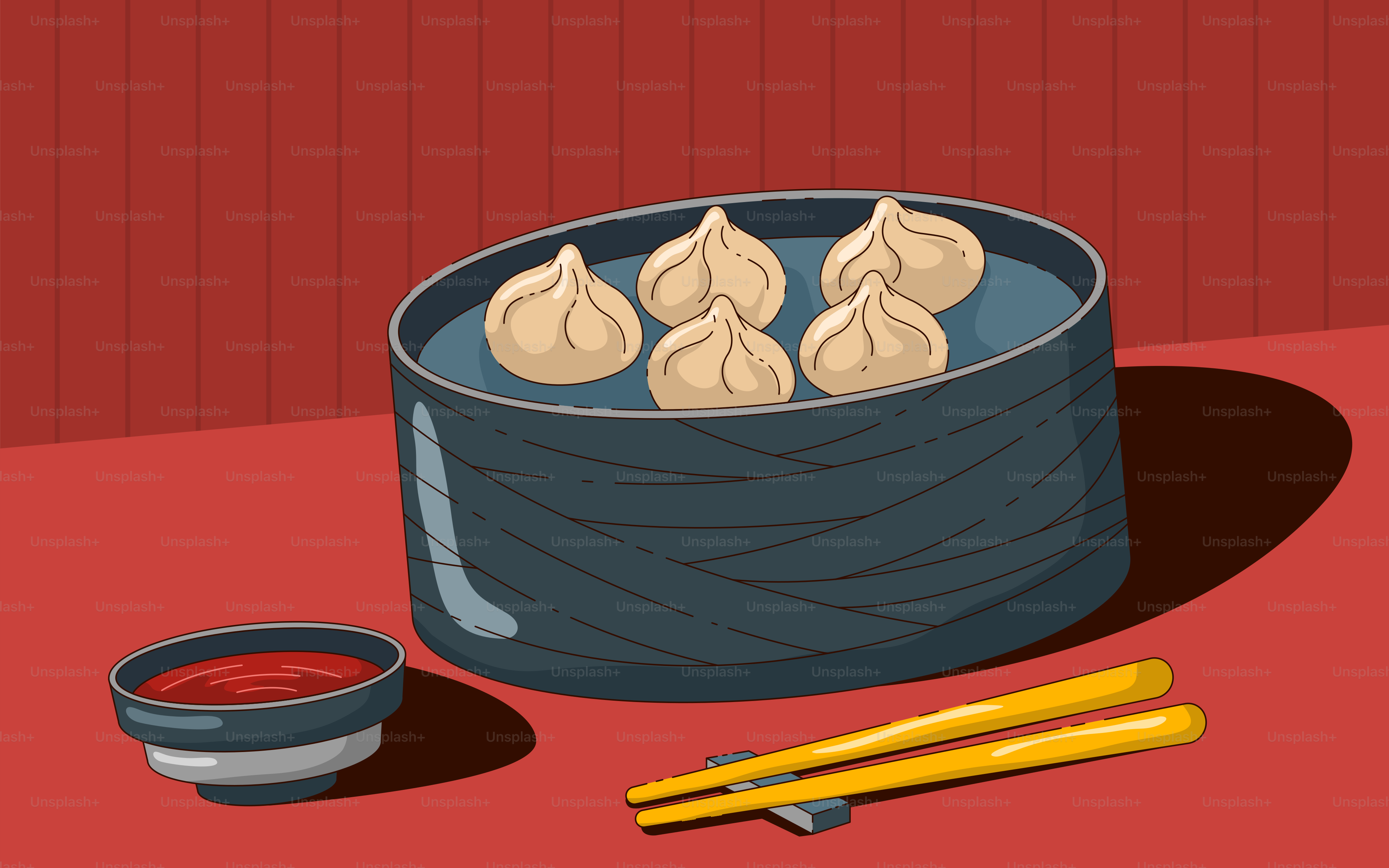 A painting of a pan of dumplings and a bowl of dipping sauce