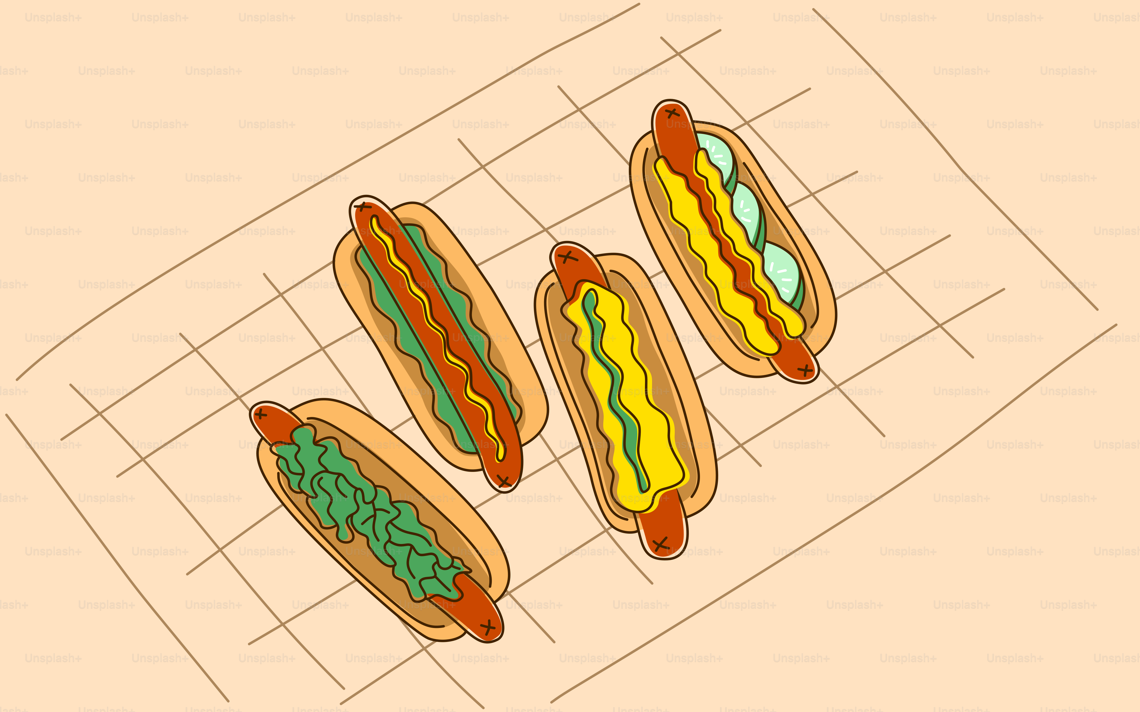 A drawing of three hotdogs on a cutting board