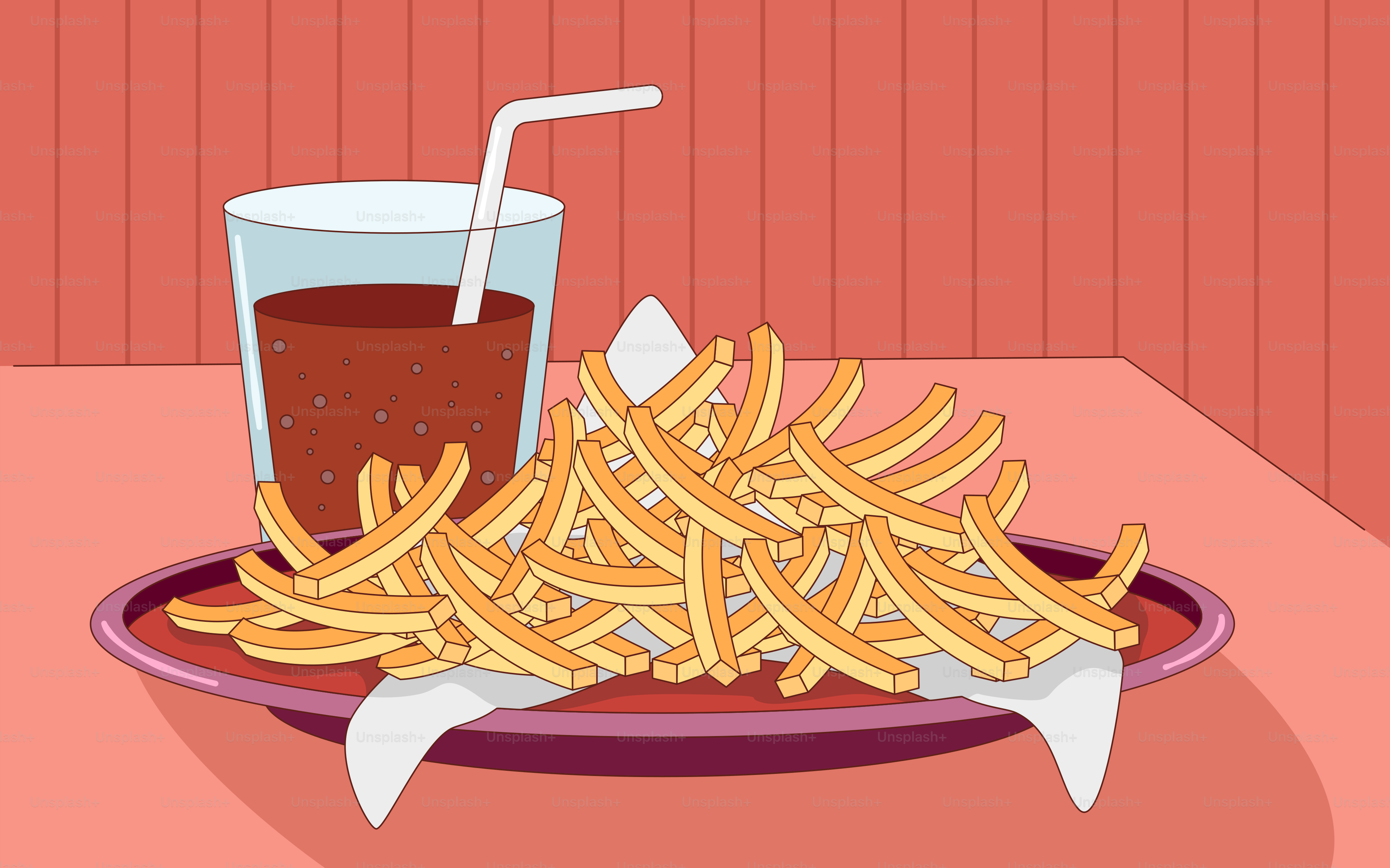 A plate of fries and a drink on a table