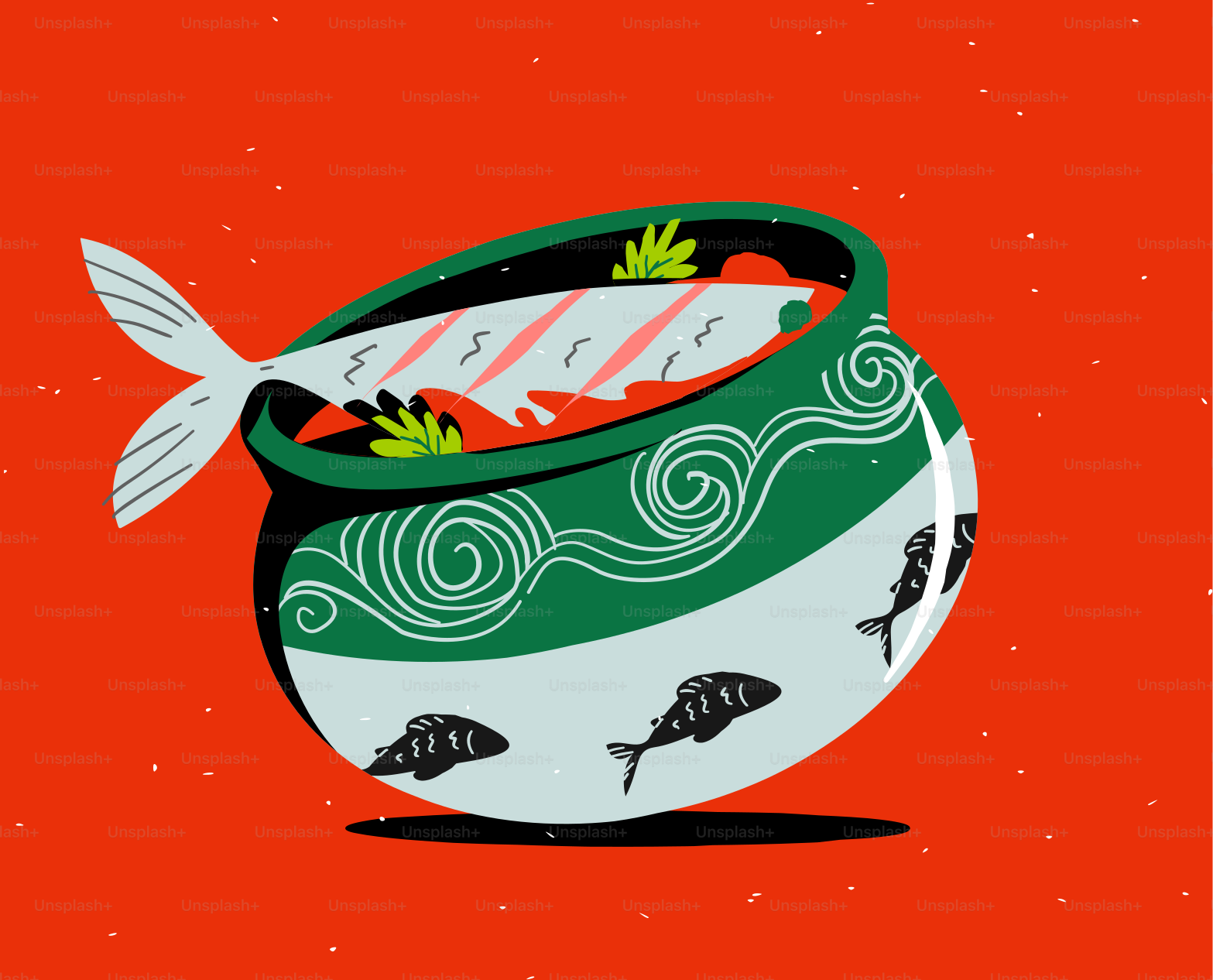 A fish in a bowl on a red background