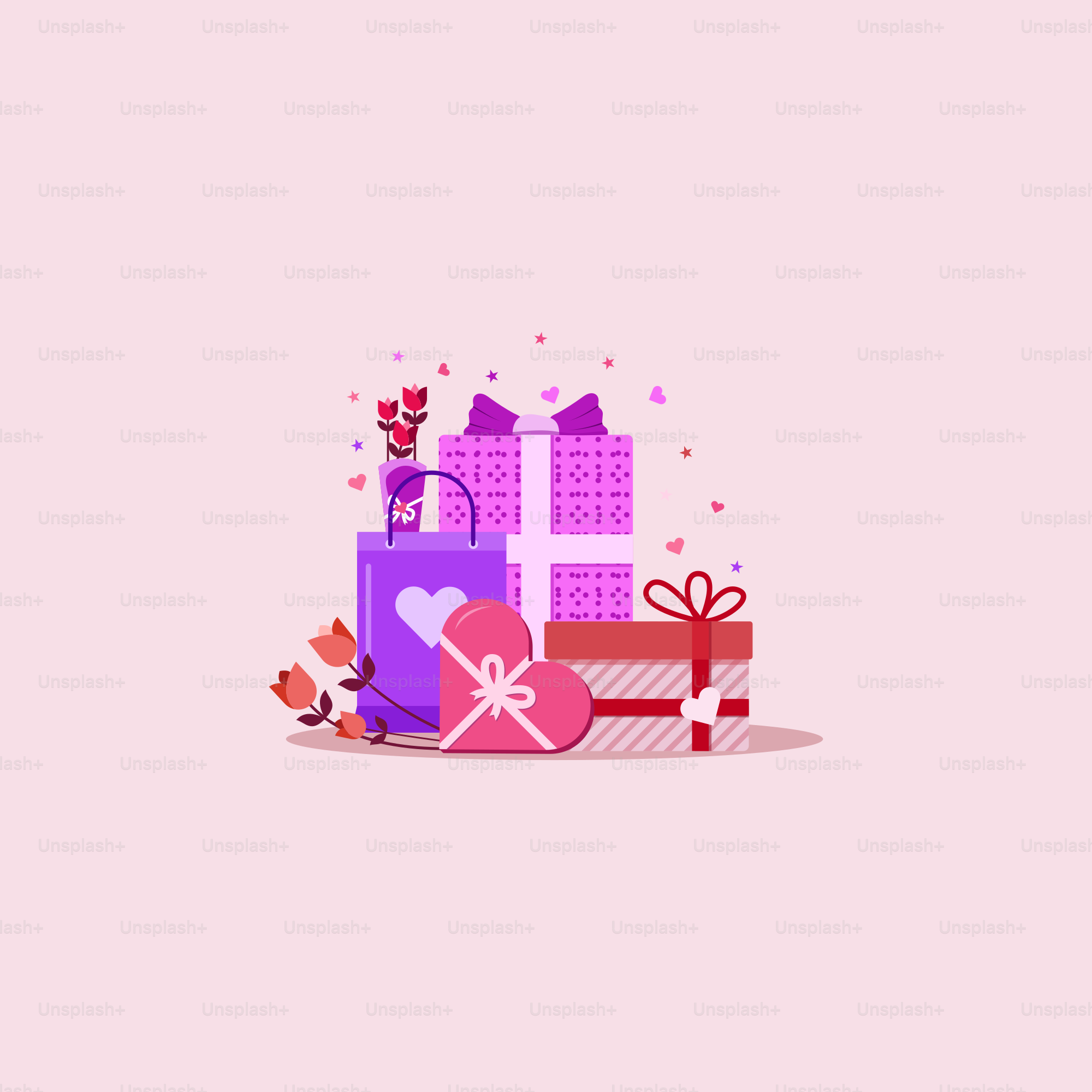 Ein rosa Hintergrund mit Geschenken und Herzen