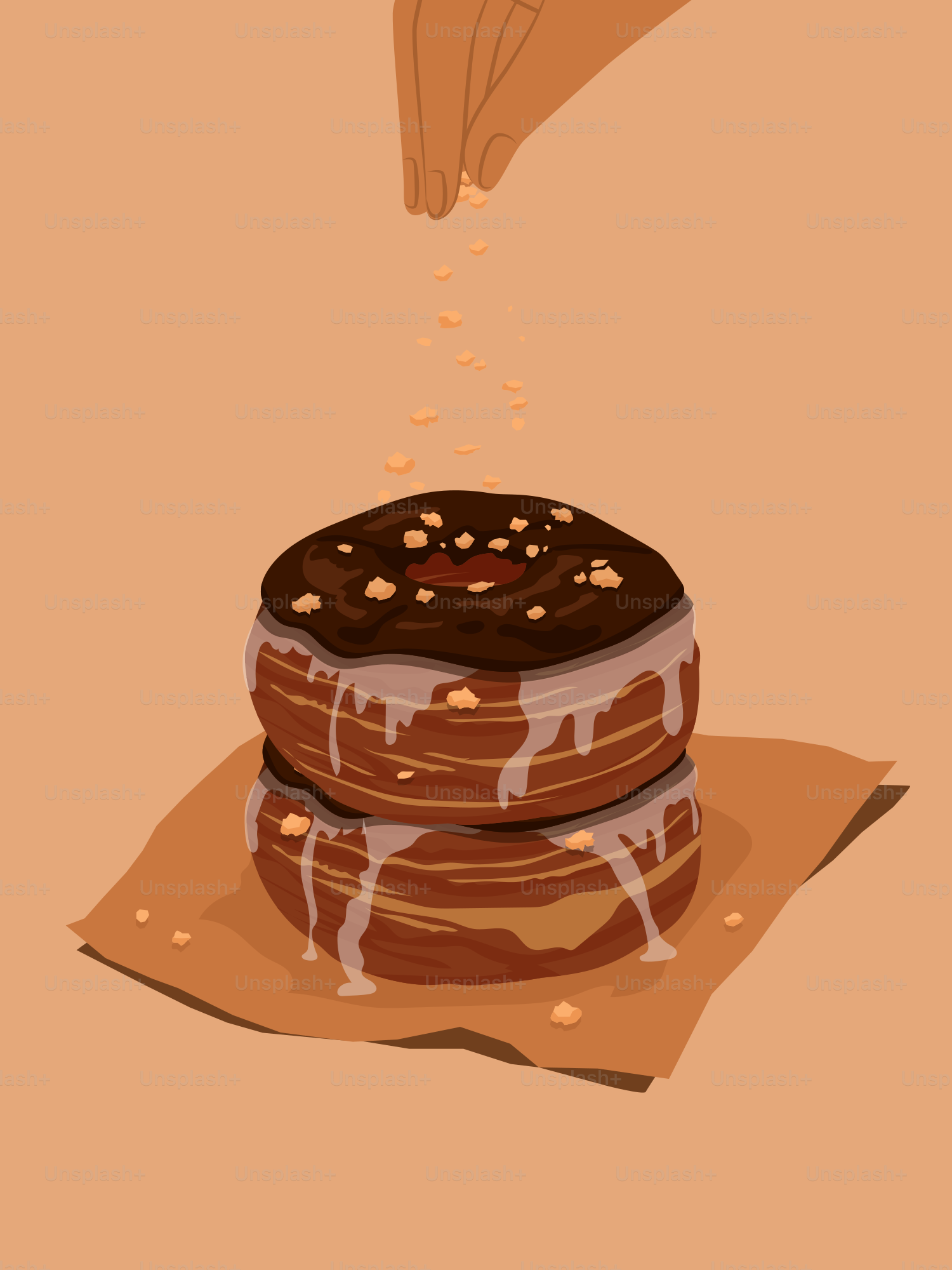 A hand sprinkles icing on a stack of pancakes