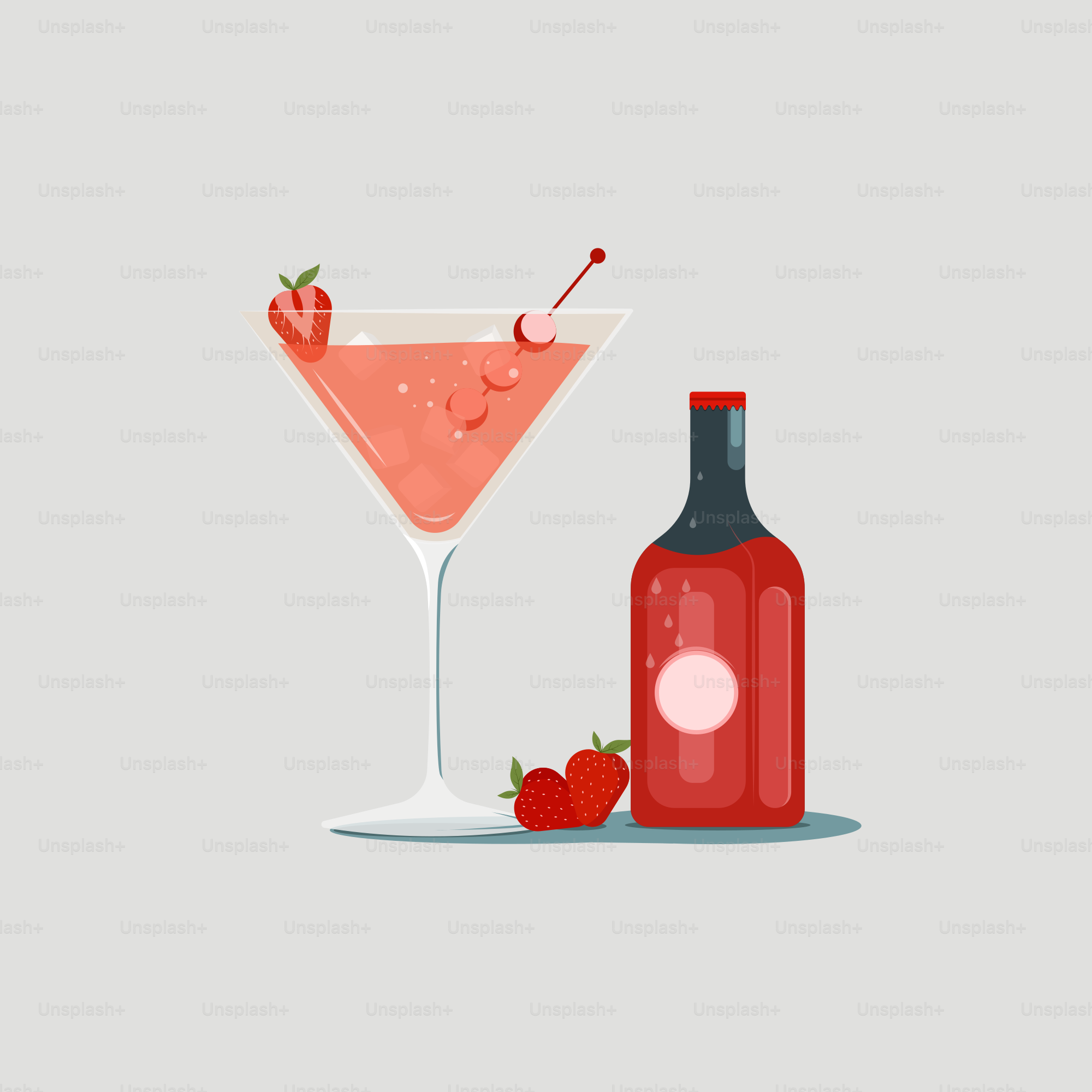 A bottle of alcohol and a glass with a strawberry on it