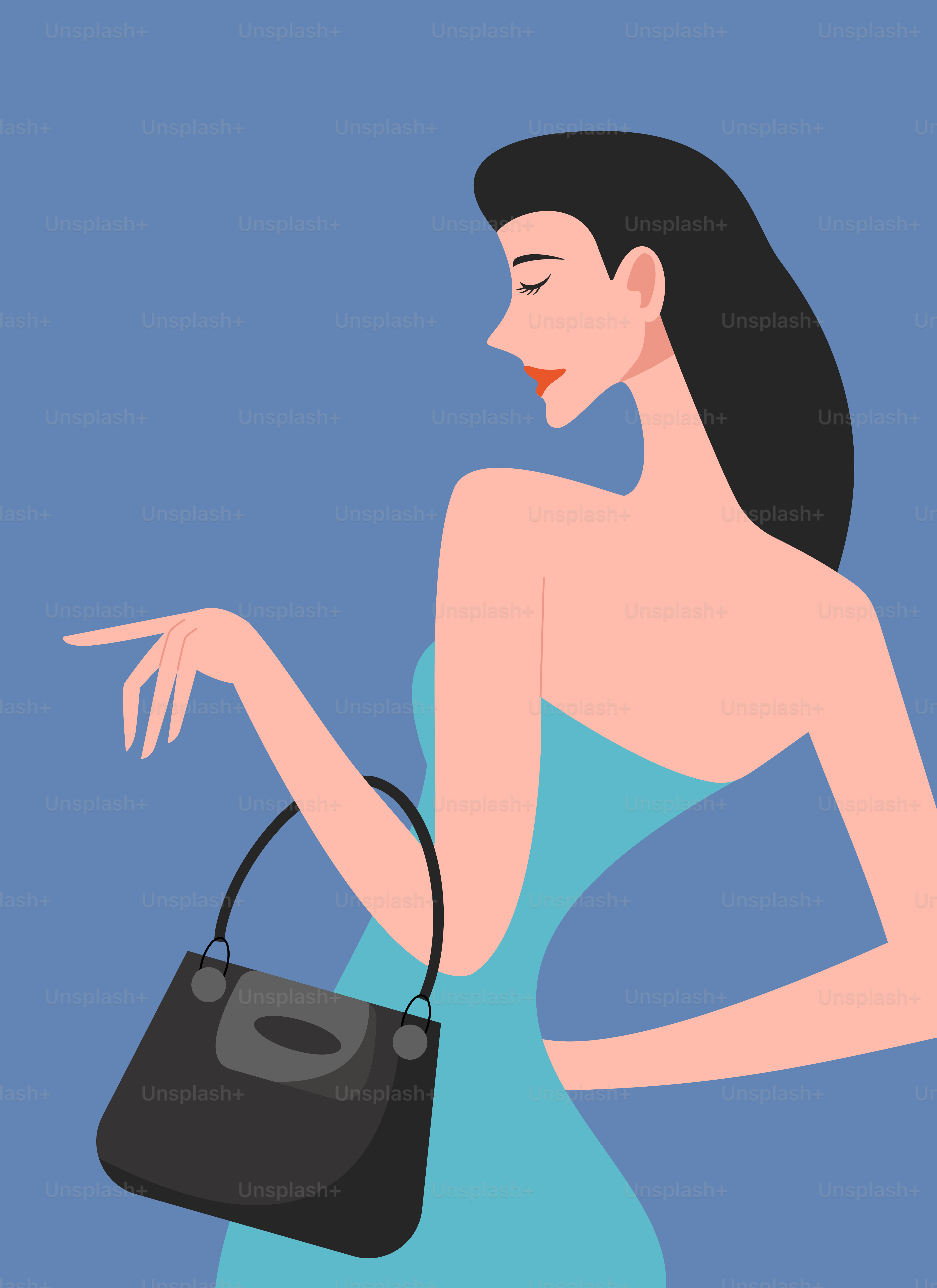 A woman in a blue dress holding a black purse