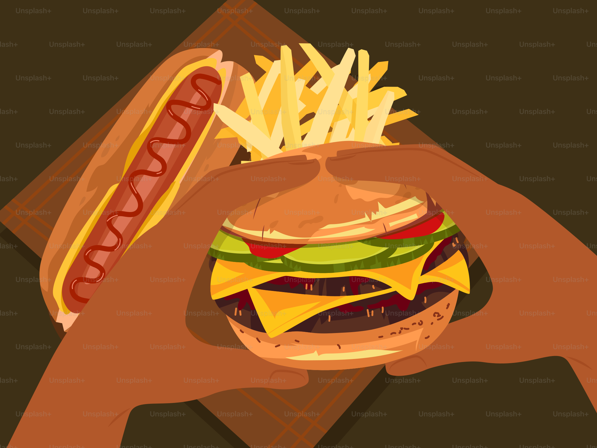 A hand holding a hot dog and a hamburger