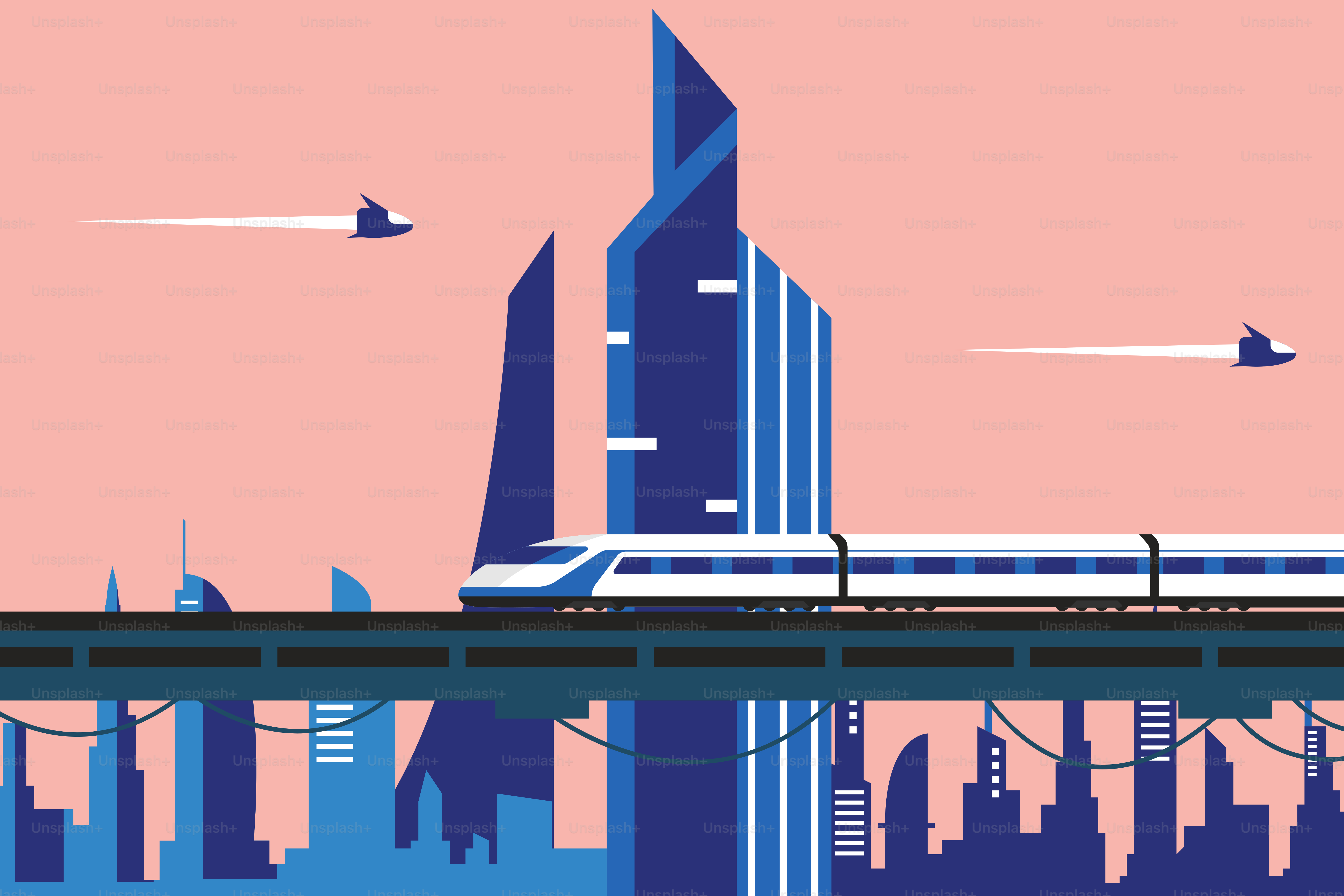 A train traveling over a bridge next to a tall building