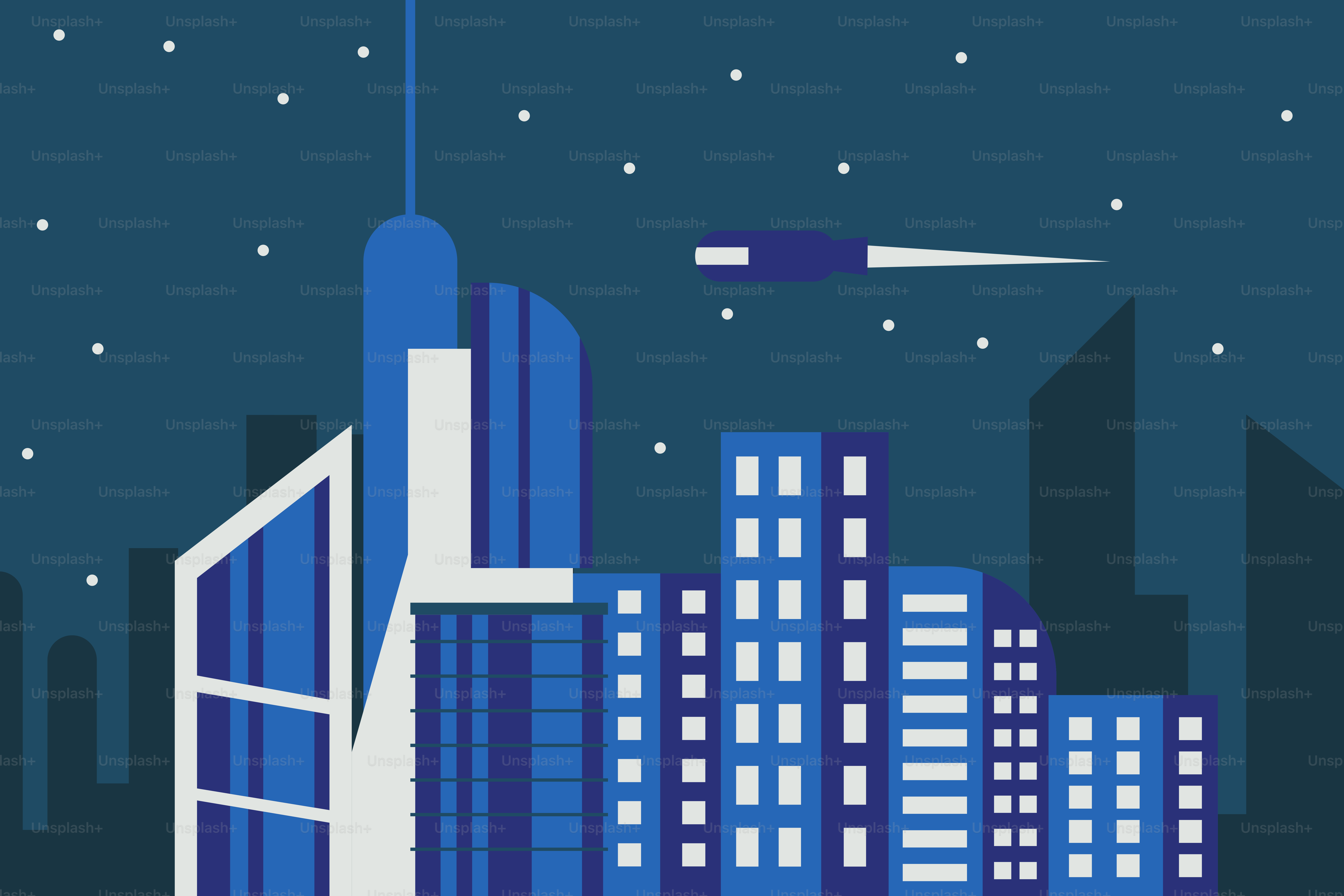 A city skyline with skyscrapers and a plane in the sky