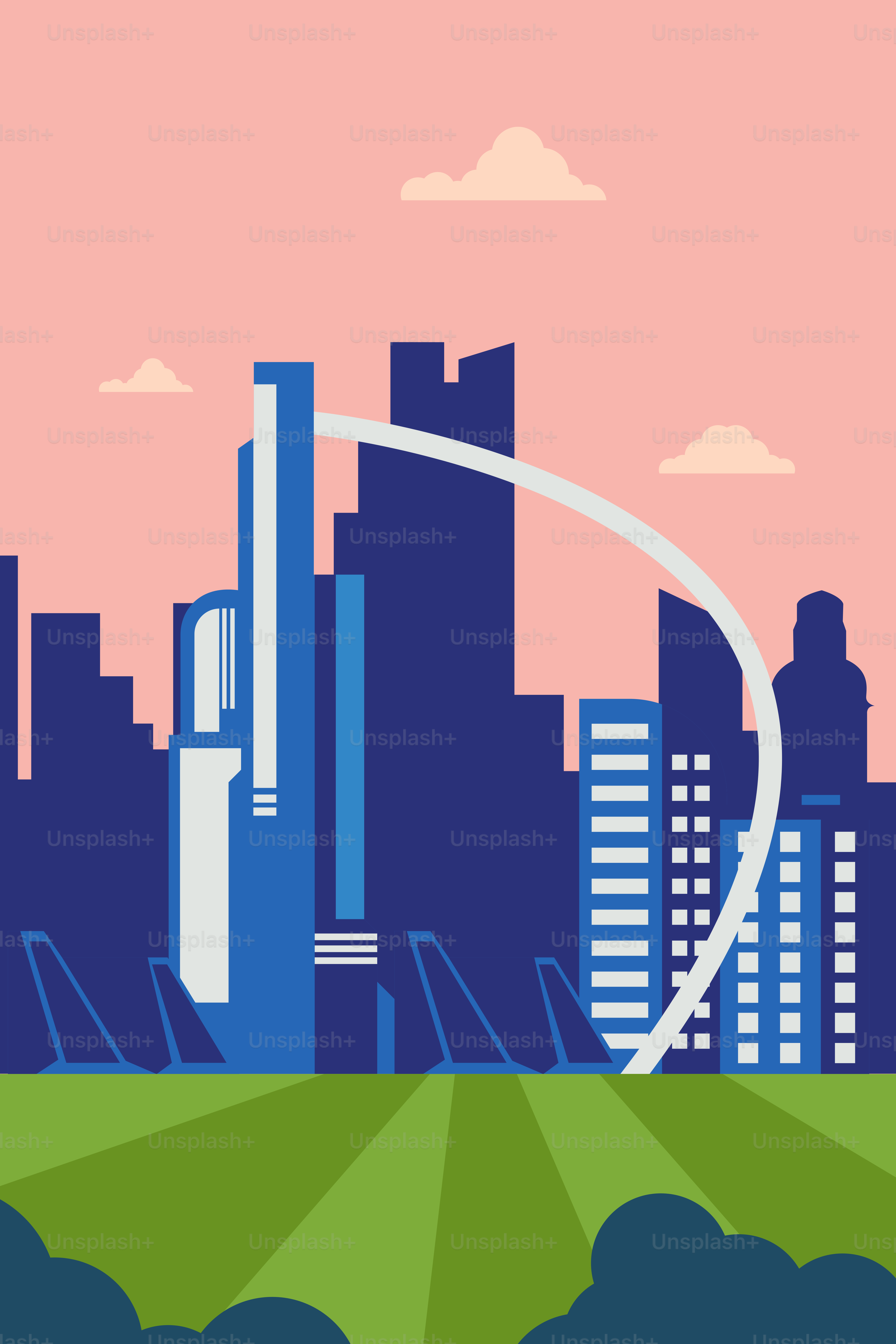 A city skyline with tall buildings and a roller coaster