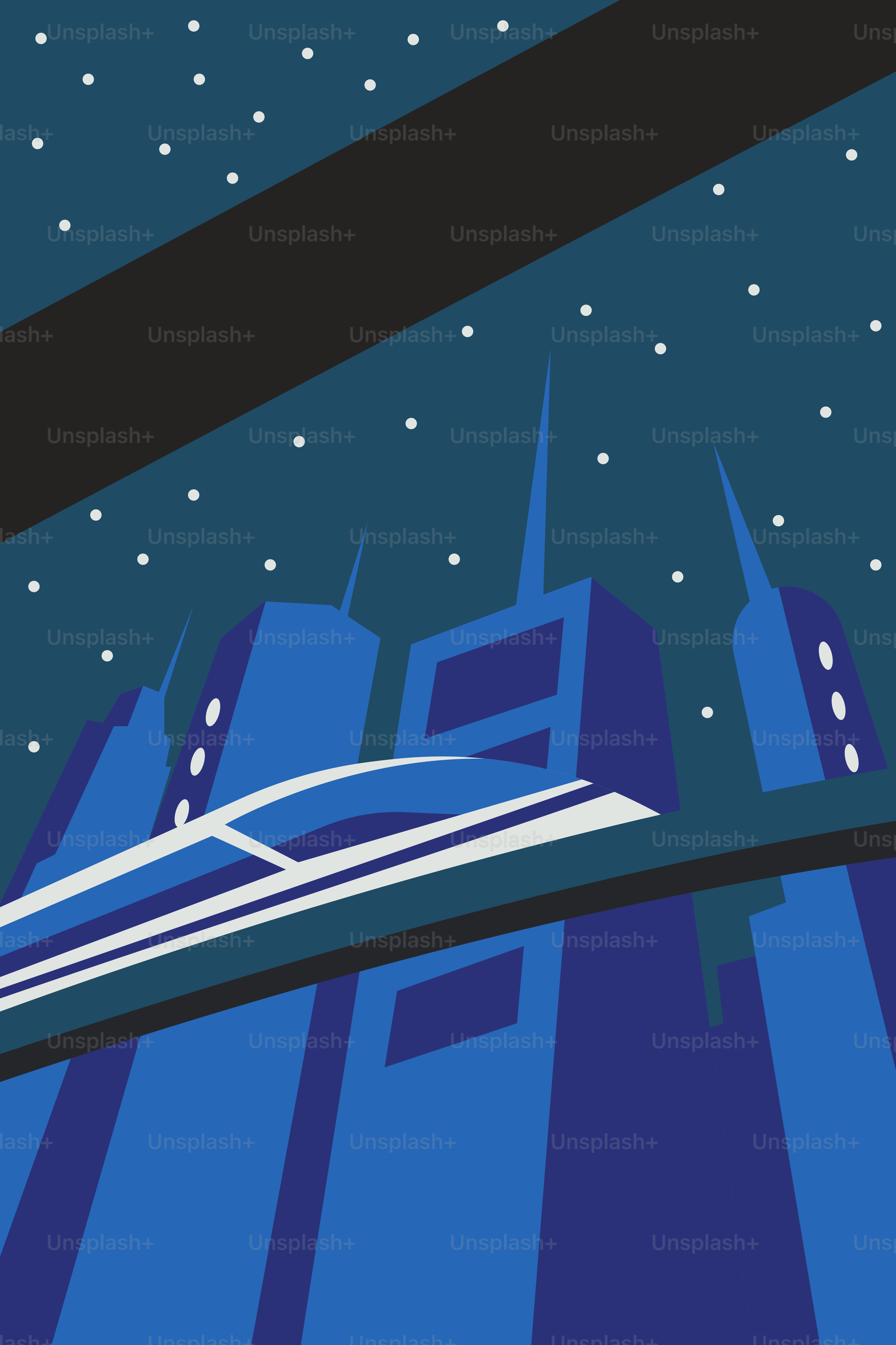 Una ilustración estilizada de una ciudad futurista de noche