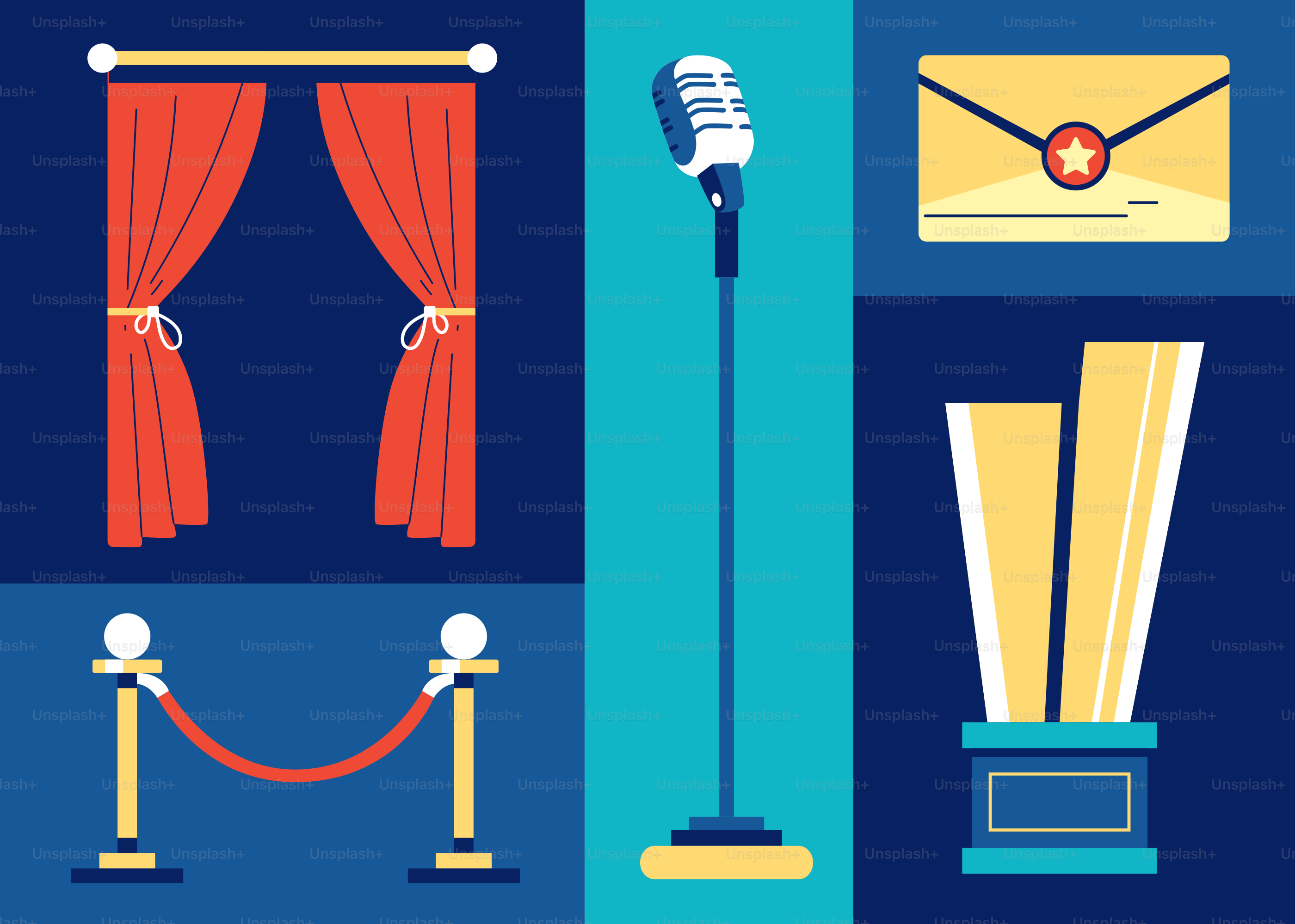 A blue room with red curtains and a microphone