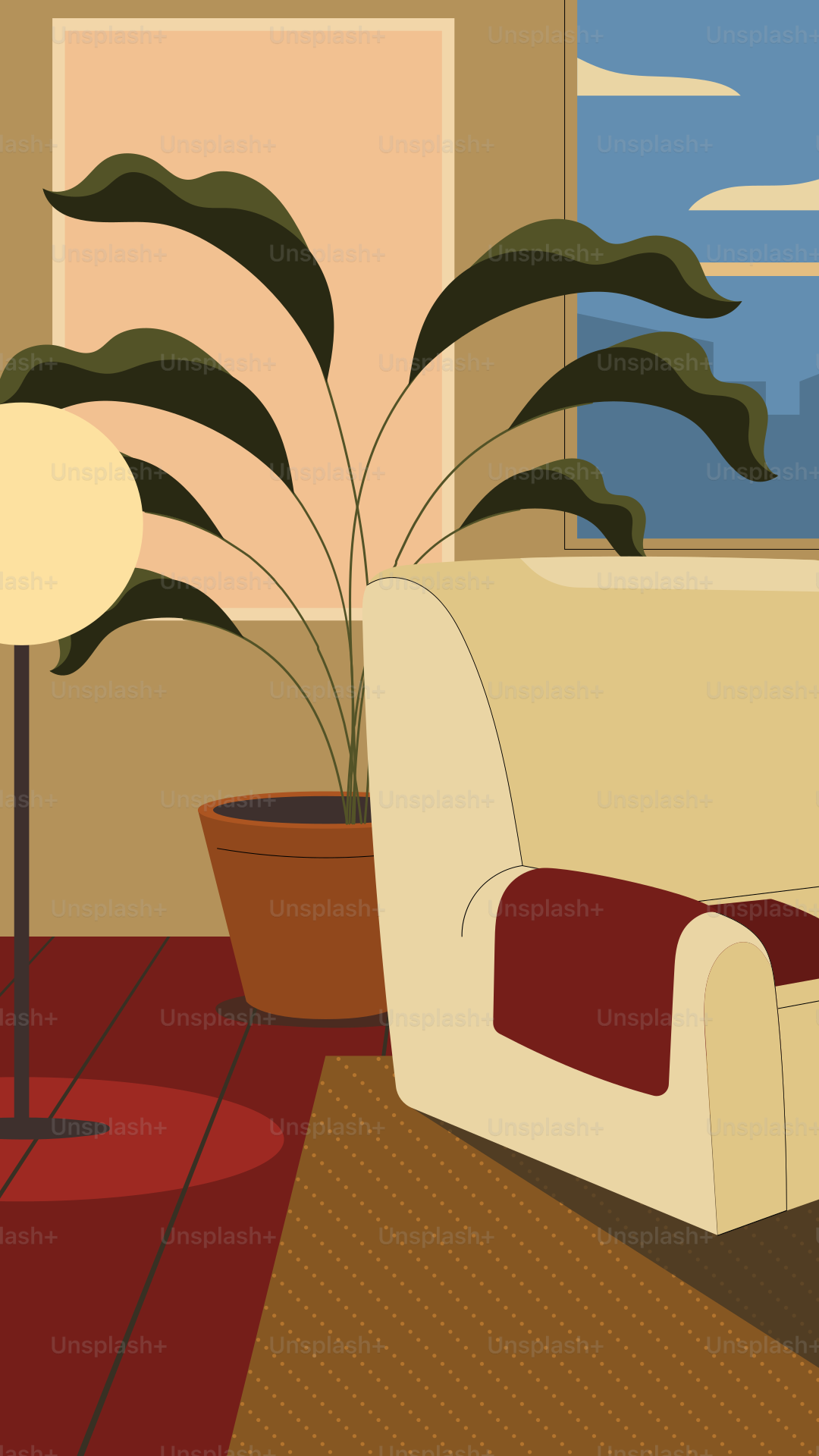 A living room with a couch and a lamp