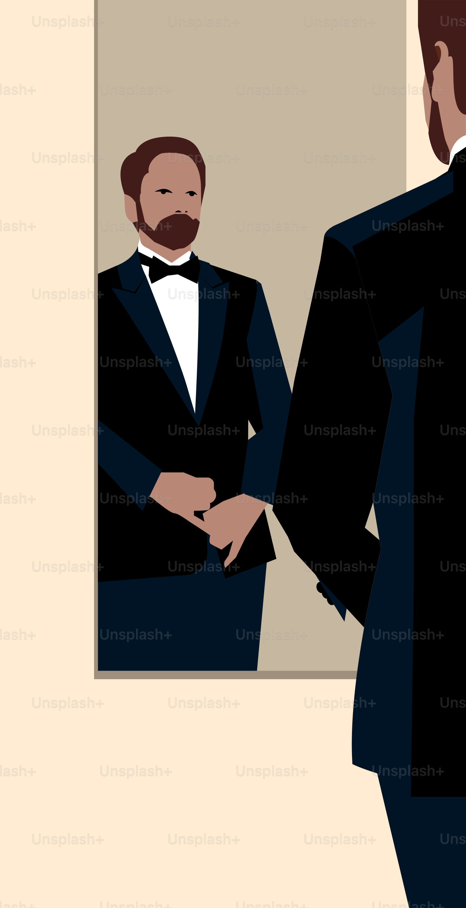 A man in a tuxedo looking in a mirror