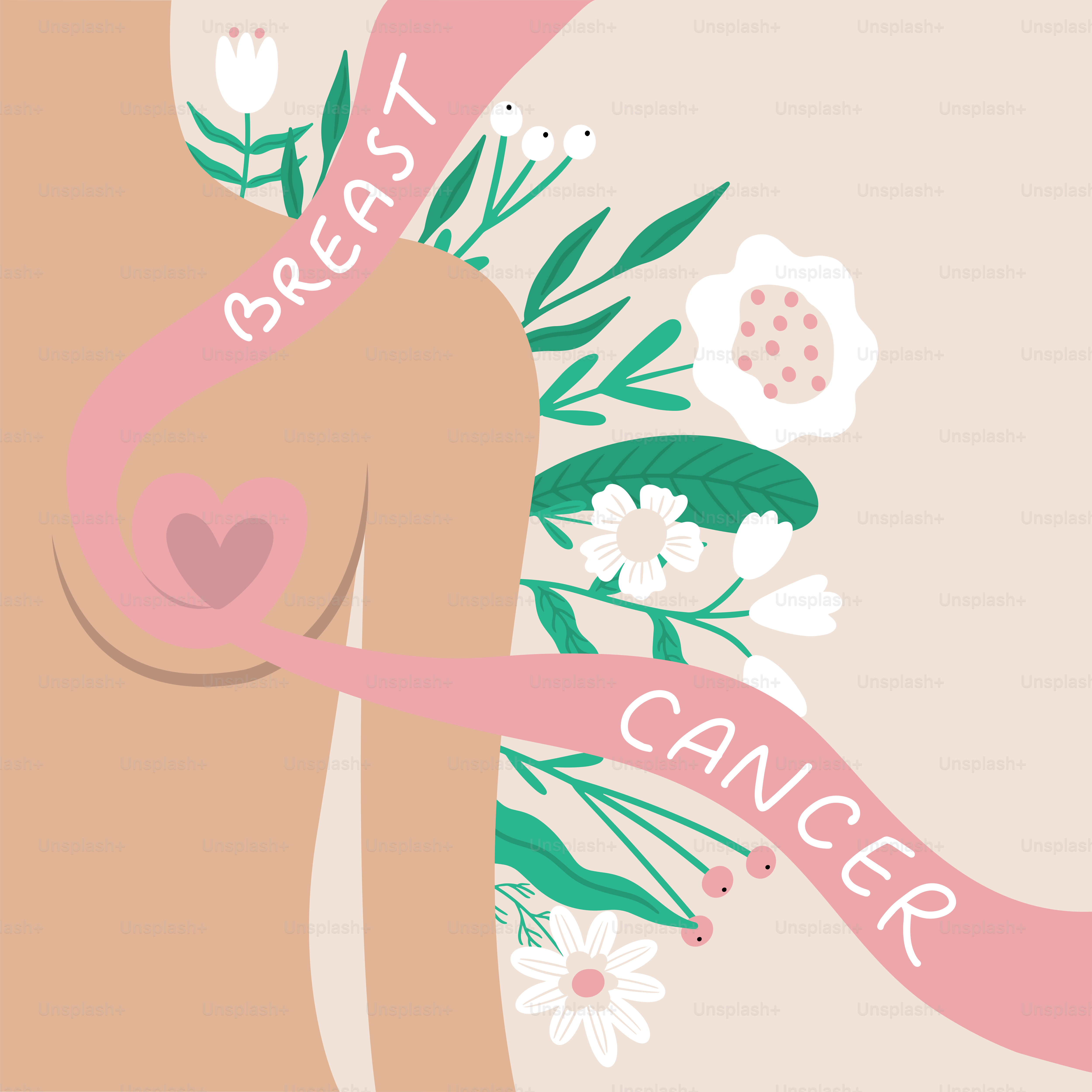 A breast cancer awareness poster with a pink ribbon