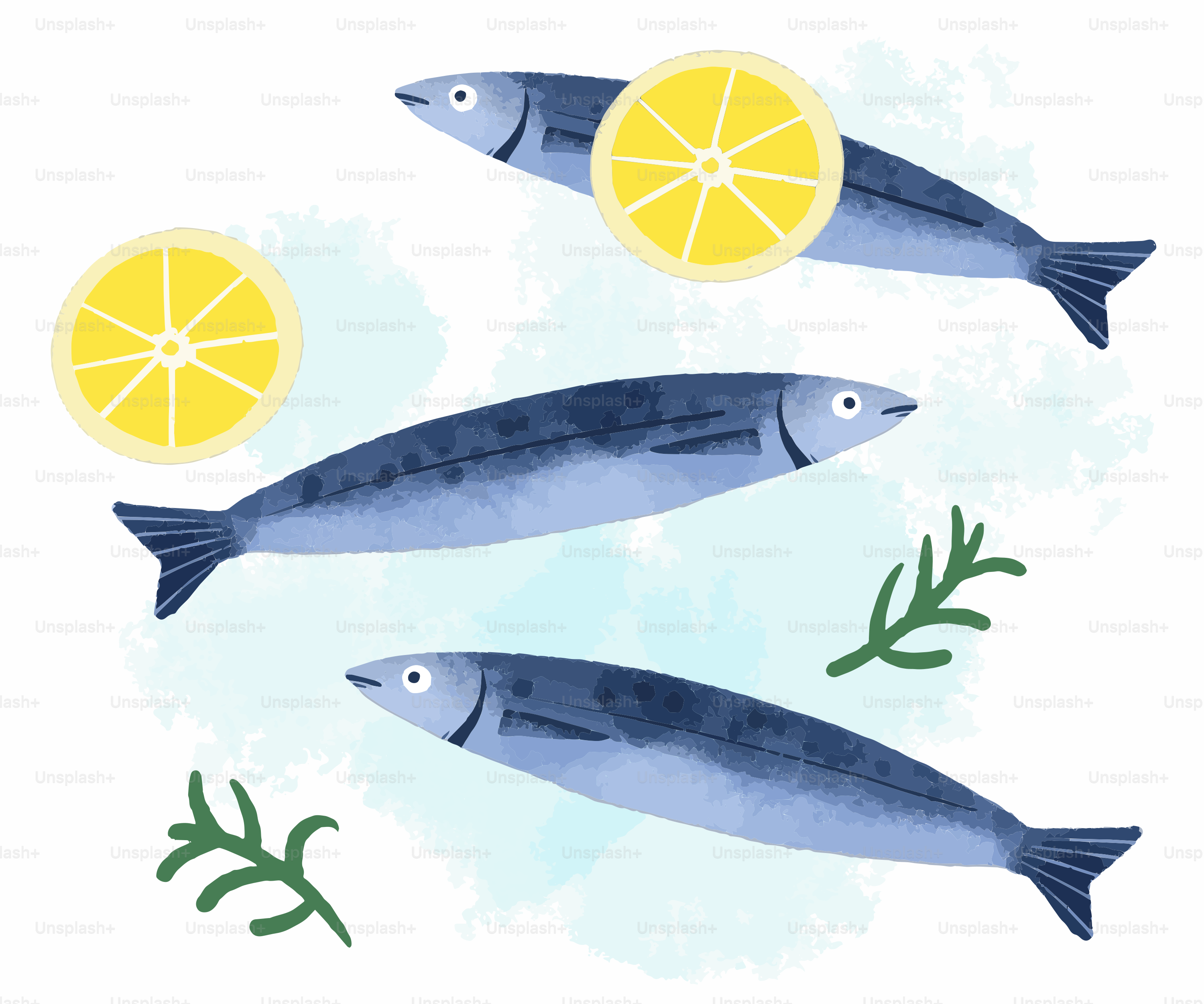 Tres peces con rodajas de limón sobre fondo azul