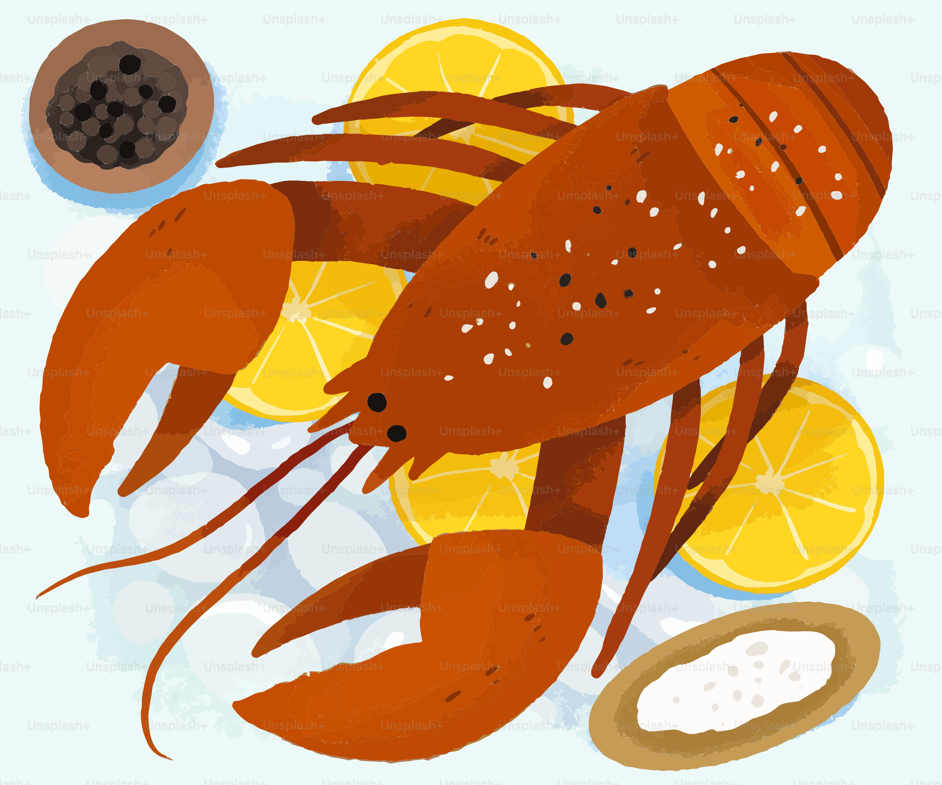 Una tarjeta con la imagen de una langosta y rodajas de limón